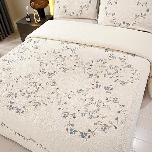 Juego de edredón de 2 piezas con patrón bordado 3D floral azul, 100% algodón, reversible, acolchado, bordado, decorativo, ligero, suave, tamaño