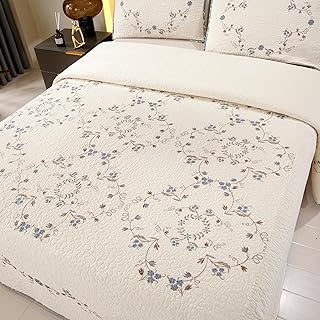 Quilt Set Blue Floral 3D Embroidery Pattern 3 PCS 100% Cotton Reversible Quilted Embroidered Decorative Bedspreads Coverlet Set, Lightweight &Soft Full Size White Bedding Coverlet for All Season