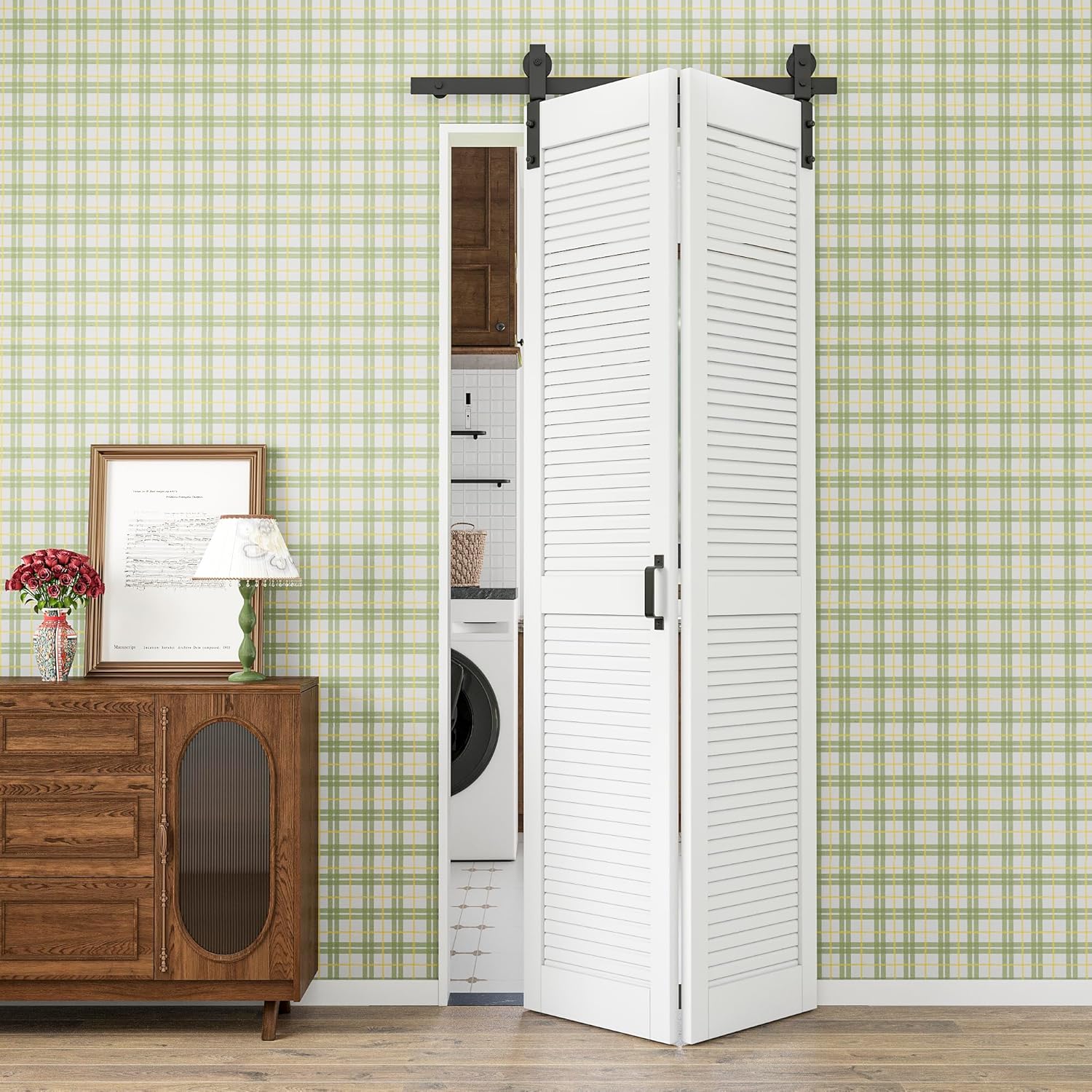 36" x 84" Bifold Barn Door with 40" Track Hardware Kit Included, Pre-Assembled MDF Panel PVC Surface Bi Fold Barn Door for Closet Pantry Laundry, Easy-to-Install Louver Folding Closet Doors, White