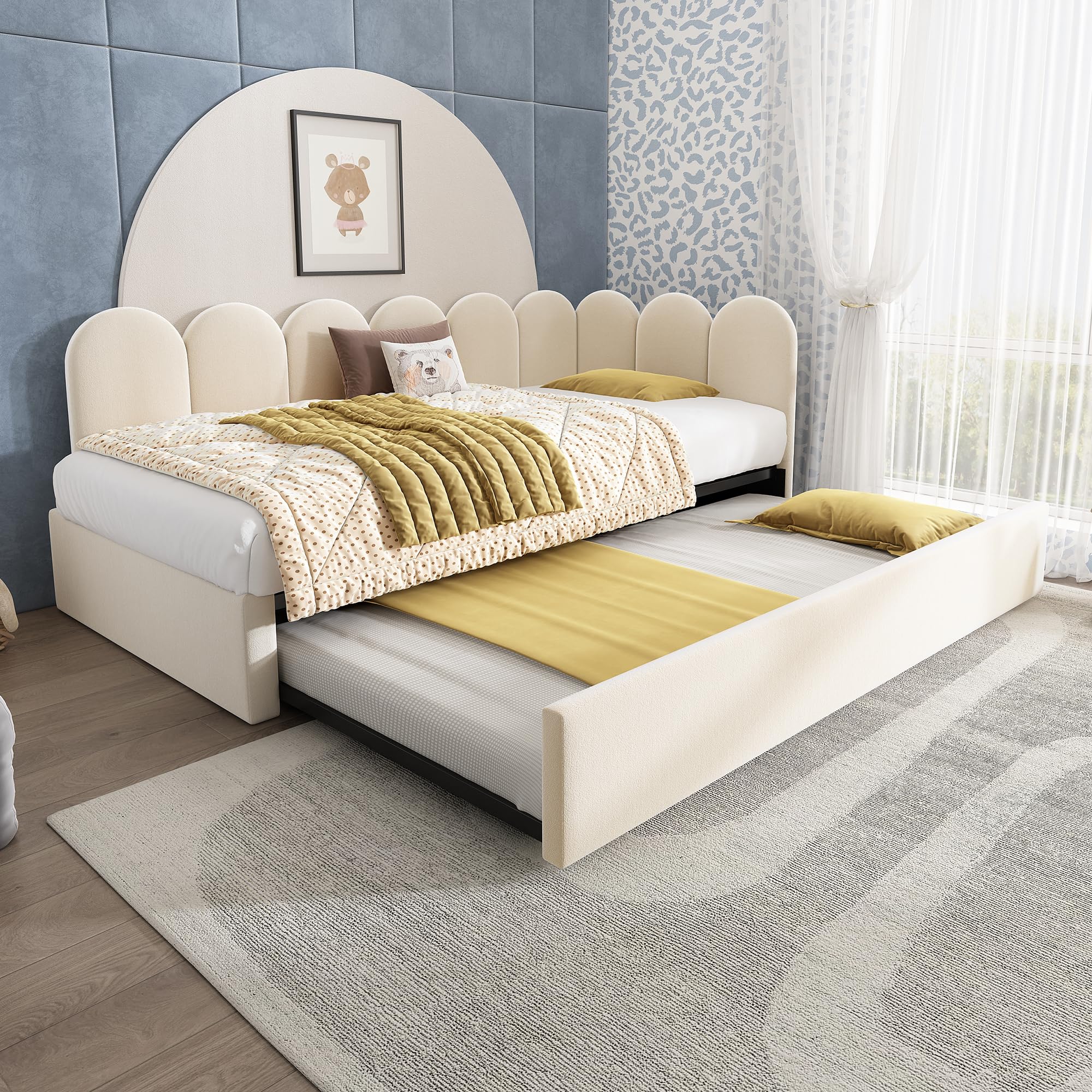 Ball & Cast Upholstered Bed Daybed With Pull-Out Bed, 3FT Single Sofa Bed 90X190cm, Guest Beds For Adults and Children, Bed With Metal Slatted Frame, Velvet, Beige (No Mattress)