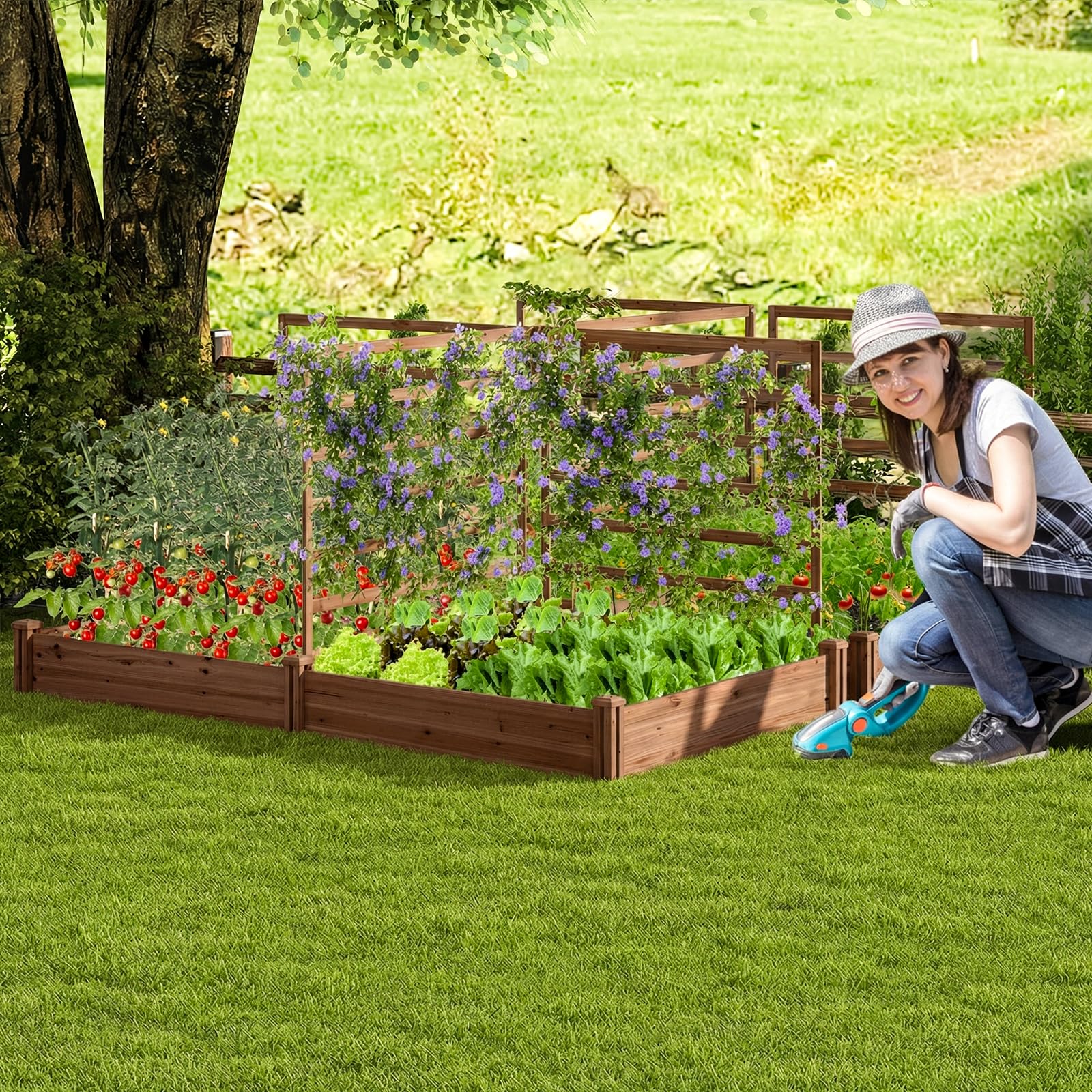 COSTWAY Jardinera con Enrejado, Cama Elevada de Jardín con 2 Maceteros y 3 Enrejados, Kit de Macetero de Madera para Exteriores, Macetero Elevado para Patio de Jardín, 222 x 114 x 110 cm (Marrón)