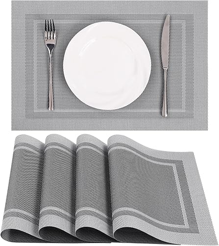 Miniatura 20 de SHACOS - Juego de 4 manteles individuales para mesa de comedor, de vinilo tejido reversible, manteles individuales fáciles de limpiar, Gris