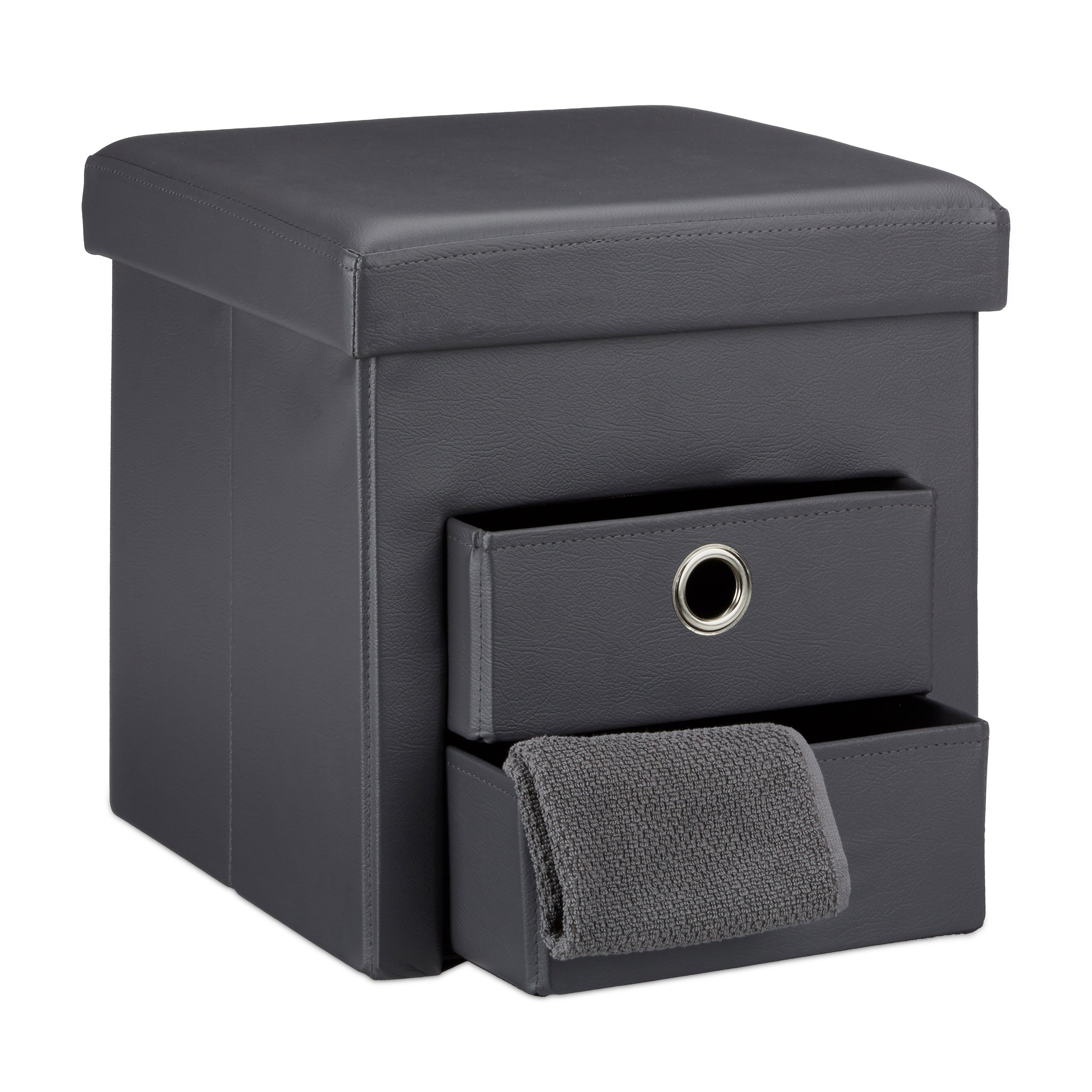 Relaxdays Tabouret de rangement carré pliant en similicuir avec couvercle amovible pouf ottoman de stockage cube pour salon pliable avec 2 tiroirs amovibles repose-pieds HxlxP: 38 x 38 x 38 cm, gris
