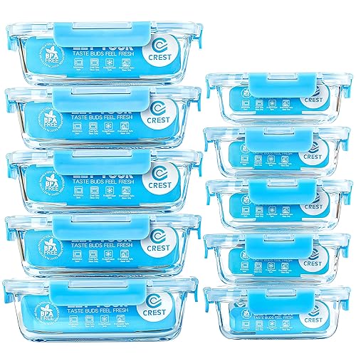 C CREST Glass Meal Prep Containers, [10 Pack] Glass Food Storage Containers with Lids, Airtight Glass Bento Boxes, BPA Free & Leak Proof (10 Lids & 10 Containers) - Blue