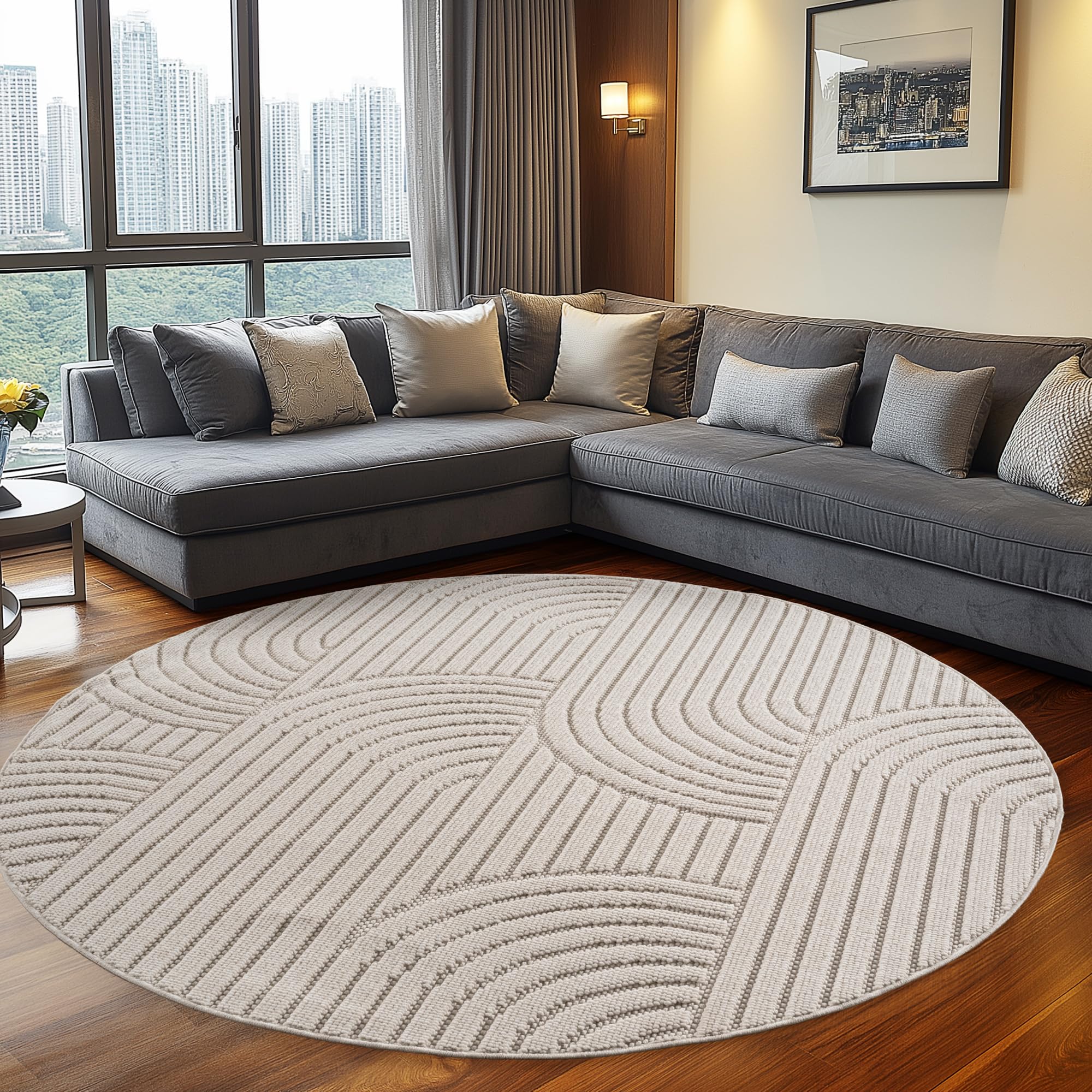 Teppium Tapis Rond 120 cm Crème Design Bohème Bouclé Boucles Style Scandinave Moderne Doux Résistant Facile à Nettoyer pour Salon Salle à Manger Chambre