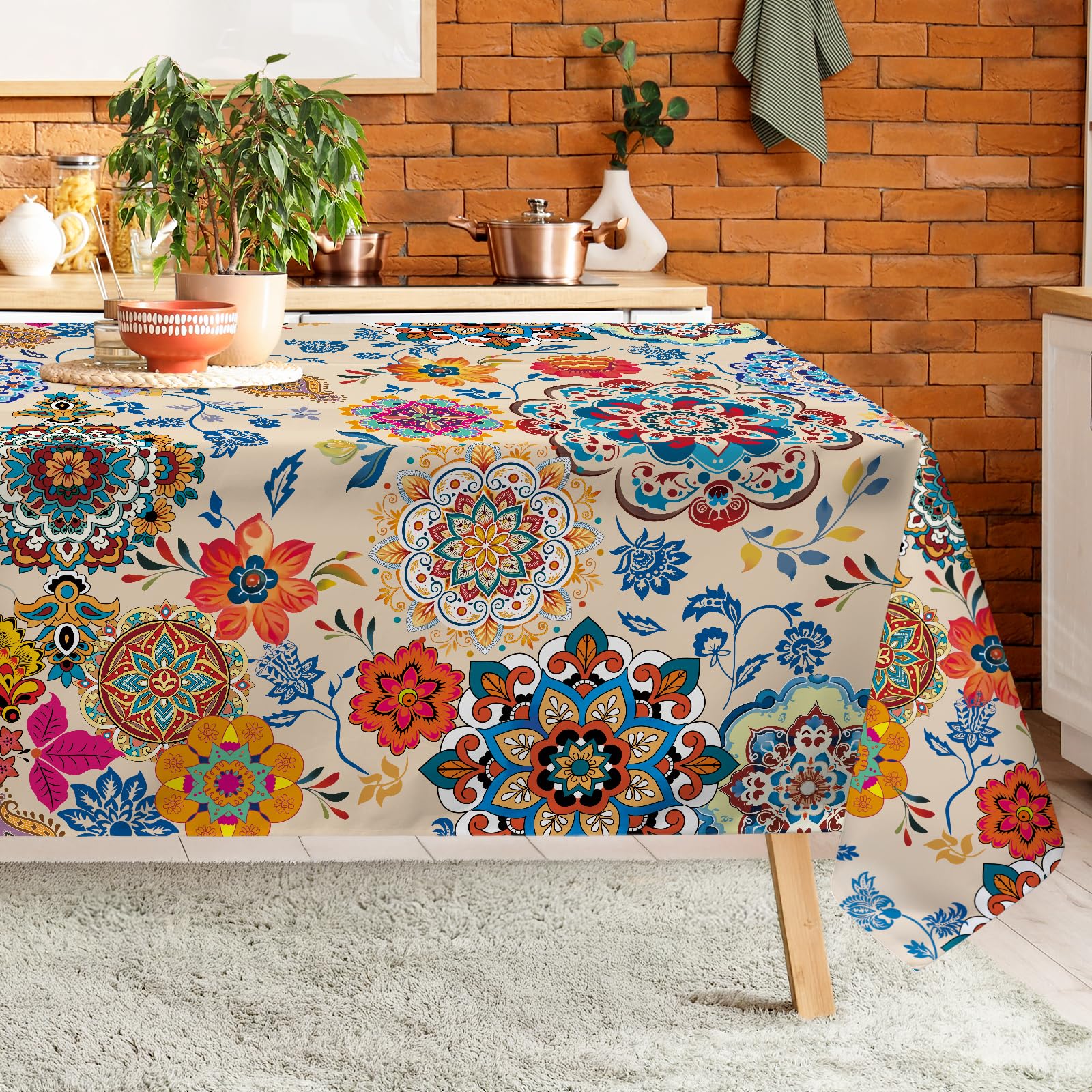 Arquiel Boho Retro Floral Table Cloth Rectangle Machine Washable Tablecloth, 140 * 180 cm, Polyester Rustic Table Cover for Kitchen Dinner Party Outdoor Decor
