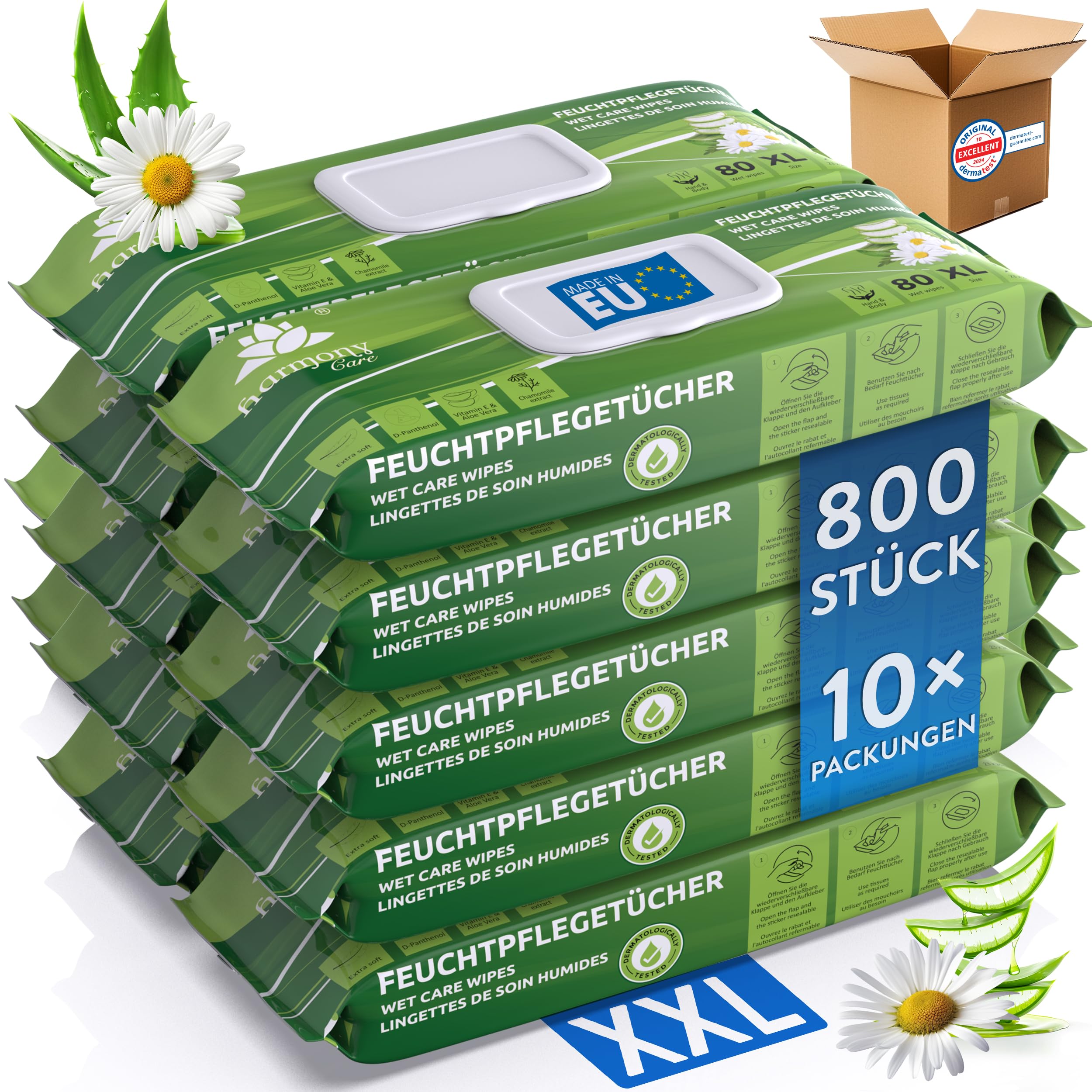 Harmony Care® Premium Feuchttücher für Erwachsene für die alltägliche Pflege – XXL Feuchtpflegetücher extra dick mit hautschonenden Extrakten - Intimpflegetücher Alkohol- und Parabenfrei - 800 Stück