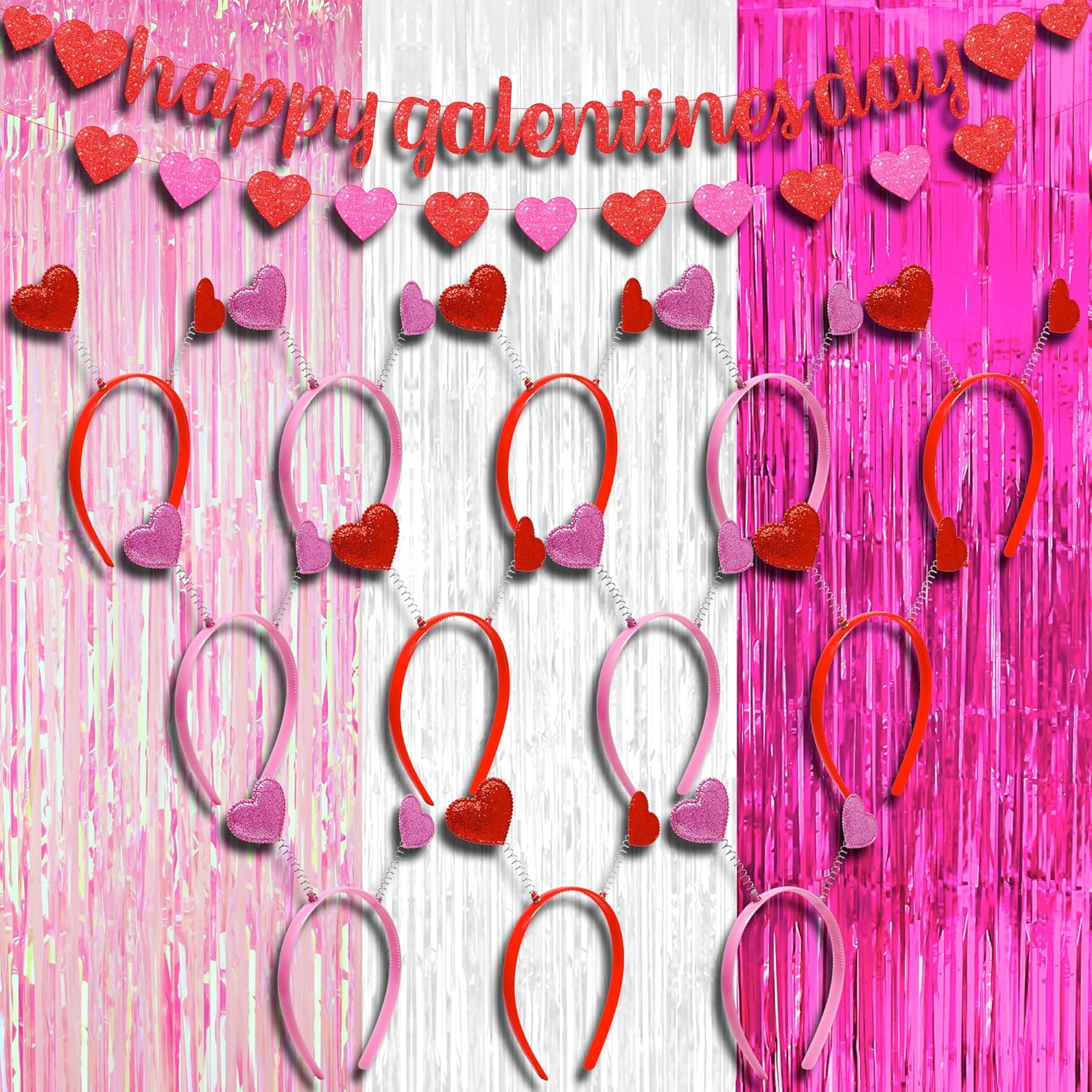 KatchOn, Glitter Red Happy Galentines Day Banner - 10 Feet | Glitter Pink and Red Heart HeadBand - Pack of 1 | Xtralarge White and Pink Streamers - 8x3.25 Feet, Pack of 3 | Galentines Day Decorations