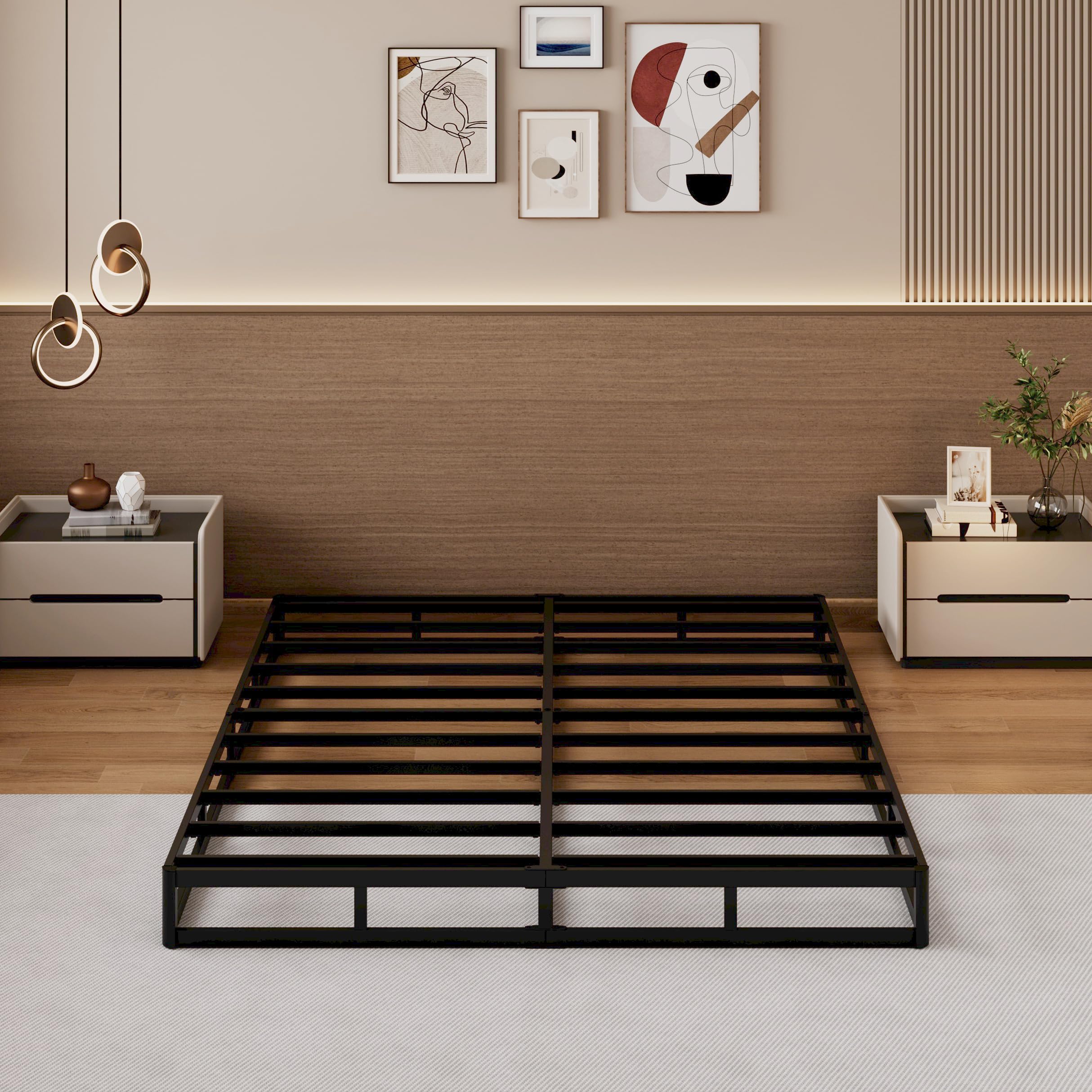 SHLAND Boxspringbett, 15,2 cm, niedriges Profil, volle Größe, Boxspringbett, Metallrahmen, Matratzenfundament mit Stoffbezug, einfache Montage