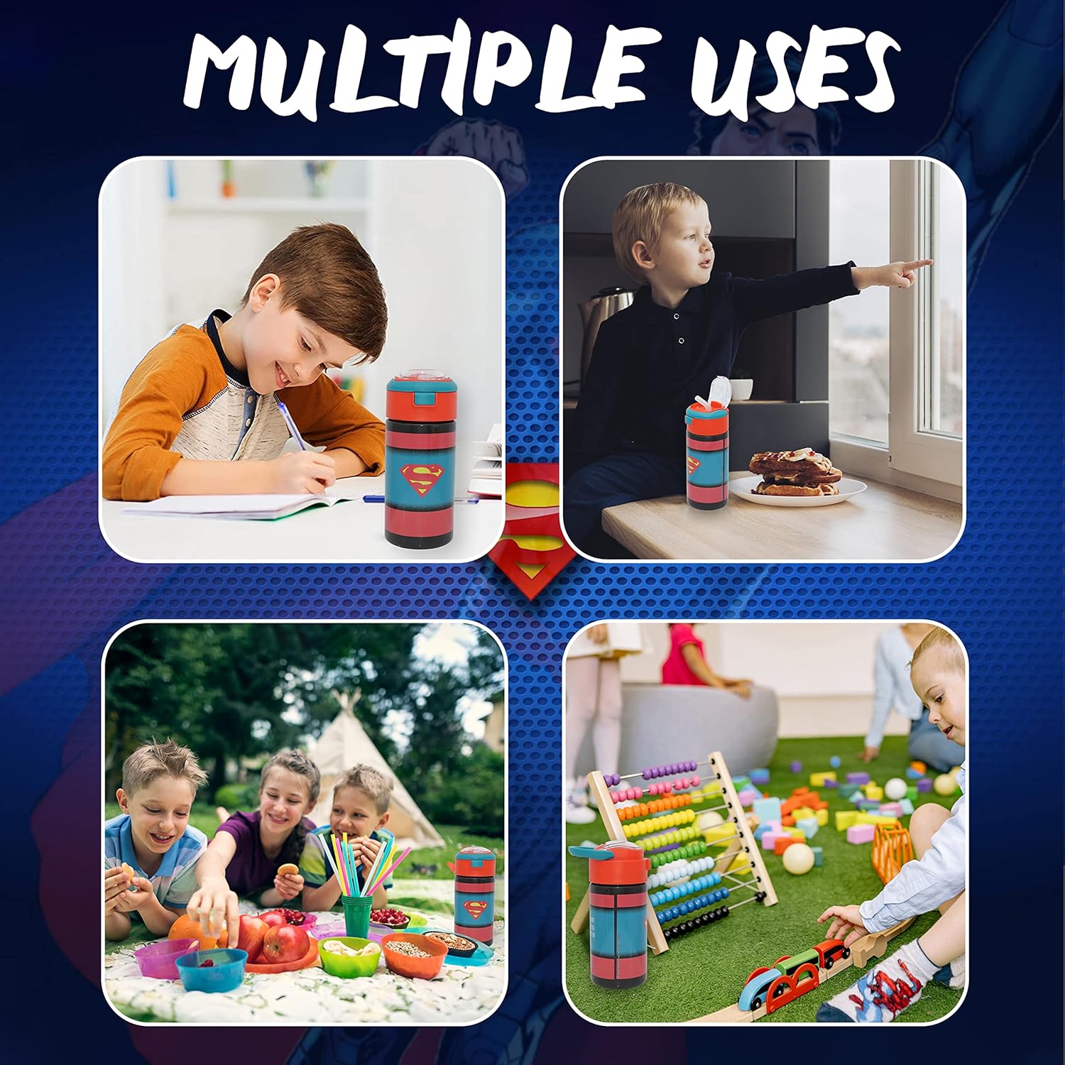 HOVUK Superman Kids Water Bottle 500ml, Tritan Drinks Bottle with Lid Freezer Safe, Push Button Sports Water Bottle Gifts for Kids 3+Years