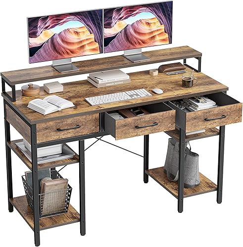 CubiCubi Escritorio para computadora de 47 pulgadas con 3 cajones y estantes de almacenamiento, pequeño escritorio de oficina en casa con soporte