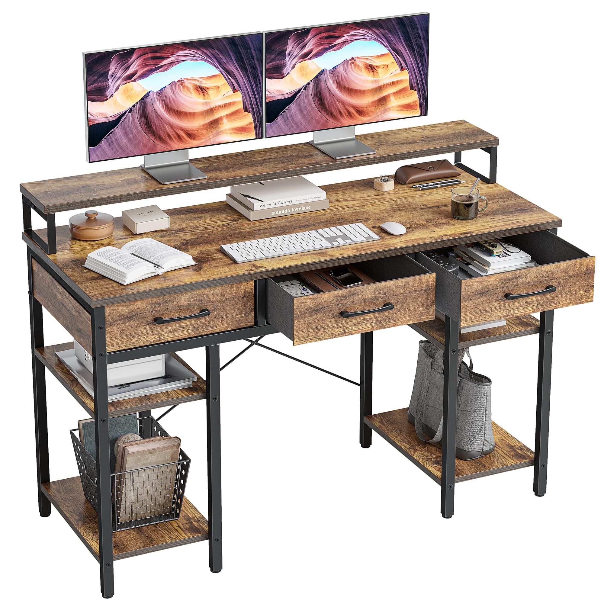 CubiCubi 120 cm Computer Desk with 3 Drawers and Storage Shelves, Small Home Office Desk with Monitor Stand, Study Writing Table for Bedroom, Rustic Brown