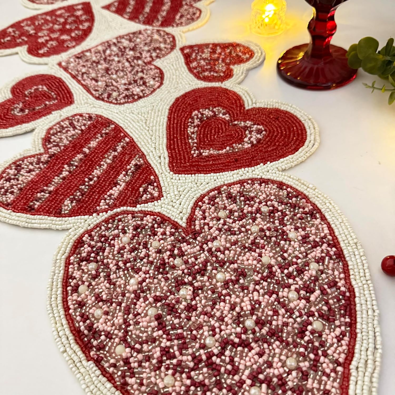 Enliven Handmade Valentine's Day Table Runner, Luxury Beaded Runner, Red and White Hearts, 13X36Inch