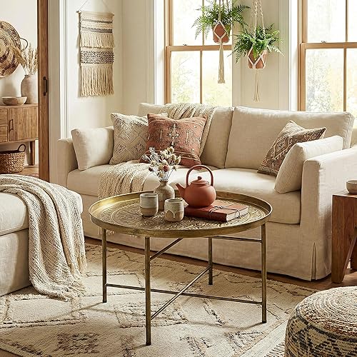 Miniatura 9 de HOMCOM 24" Round Coffee Table with Hammered Tray Top, Vintage Metal Center Table for Living Room, Bedroom, Side Table, Gold