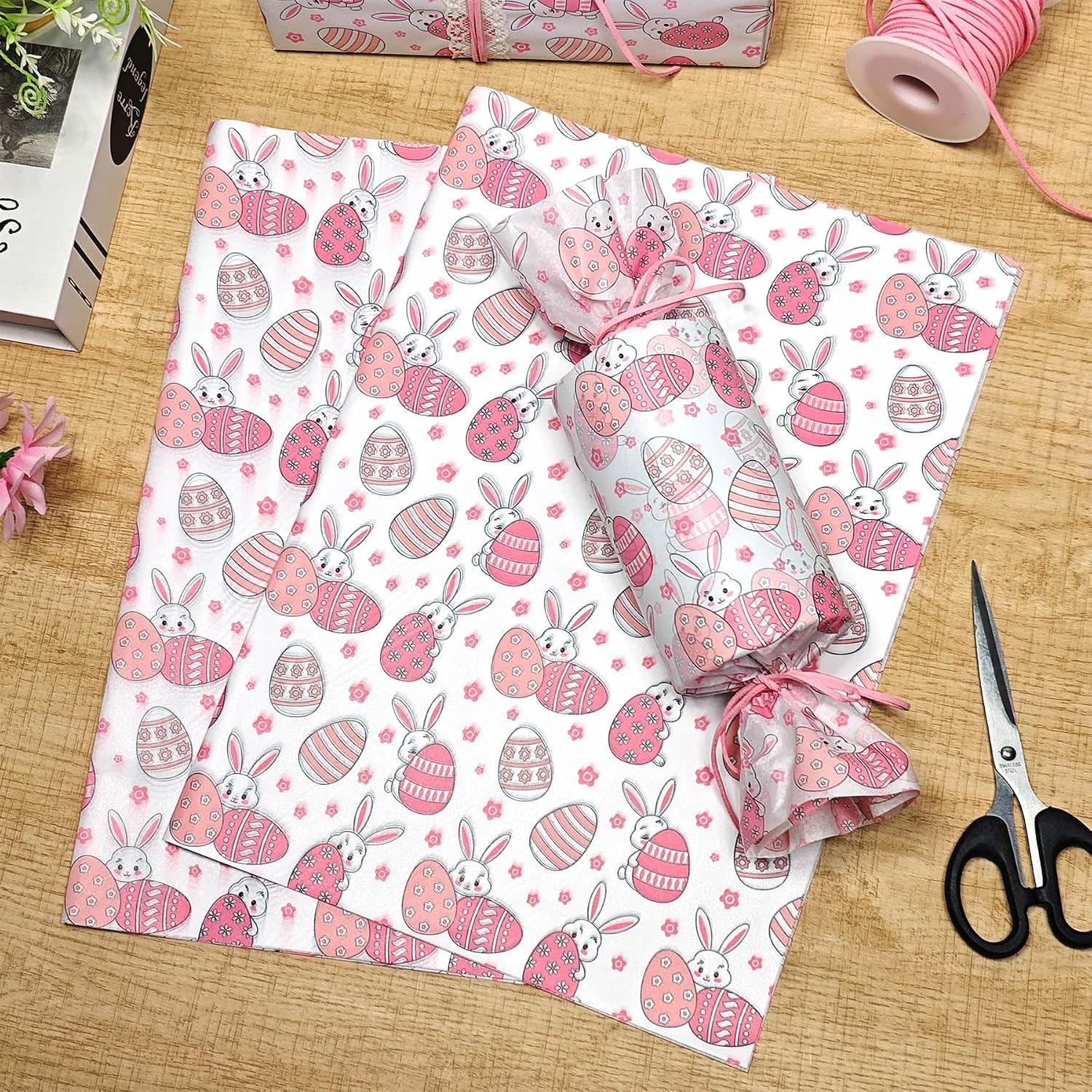 LIAPAWPAW Easter Tissue Paper with Bunny & Egg Pattern, Cute Pink and White Gift Wrapping Tissue Paper for Easter Baskets & Gift Bags, Pastel Packaging for Craft, Spring Party Decor, 30 Sheets 20x14in image 4