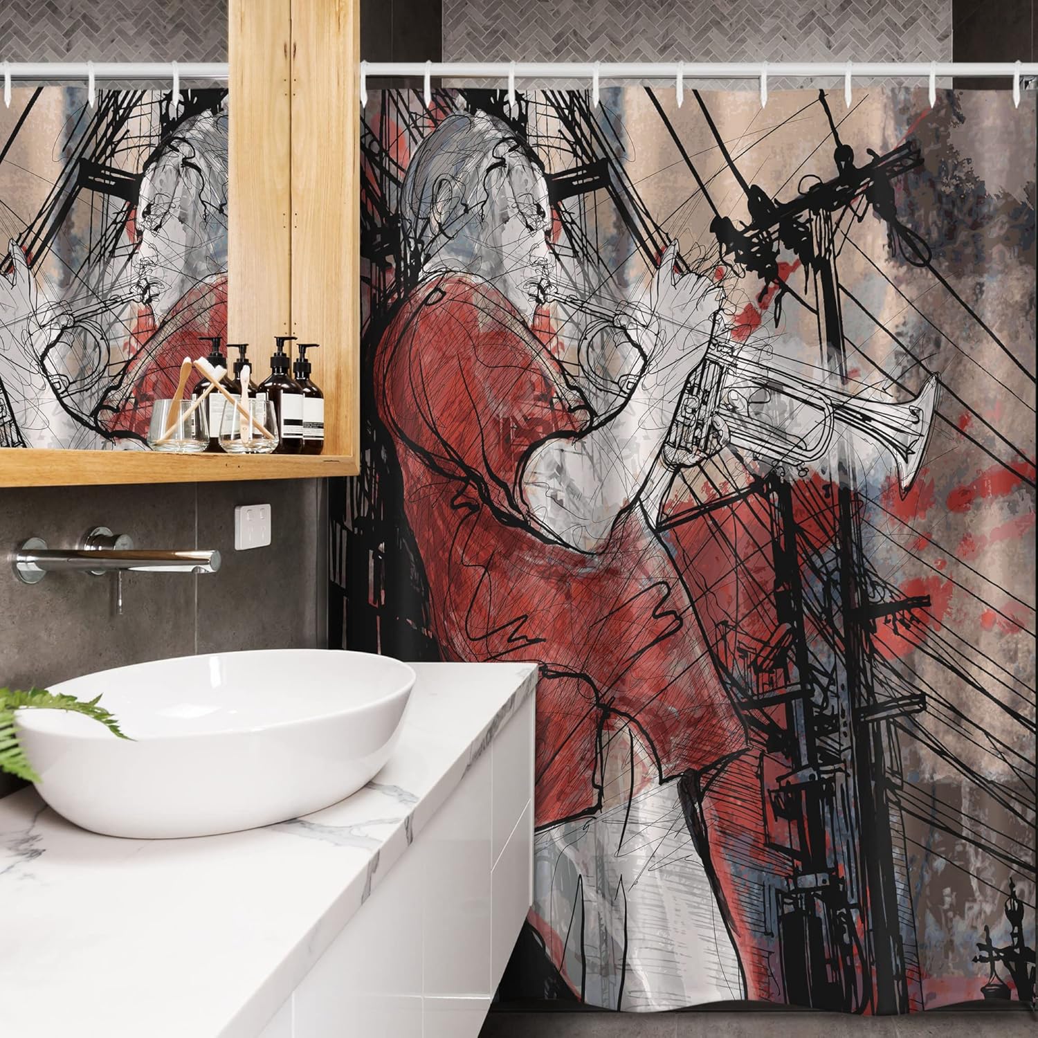 Ambesonne Music Stall Shower Curtain, Trumpet Musician on Grunge Cityscape Background in The Night Boho Art Print, Fabric Bathroom Decor Set with Hooks, 54" W x 78" L, Red Black White