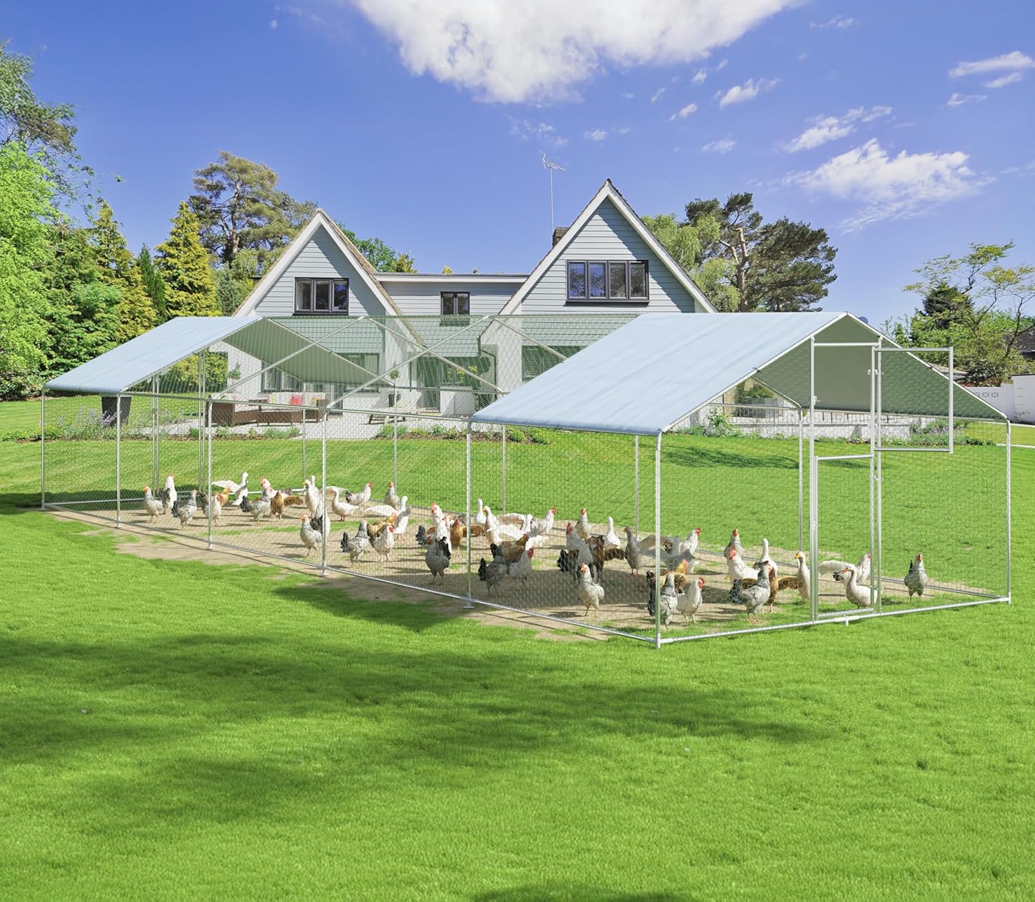 Polar Aurora Metal Chicken Coop, Large Outdoor Chicken Pen, Walk-in Chicken Run for 20-40 Chickens, Double Door Chicken House with Waterproof UV Protection Cover for Backyard (Spire-XL)