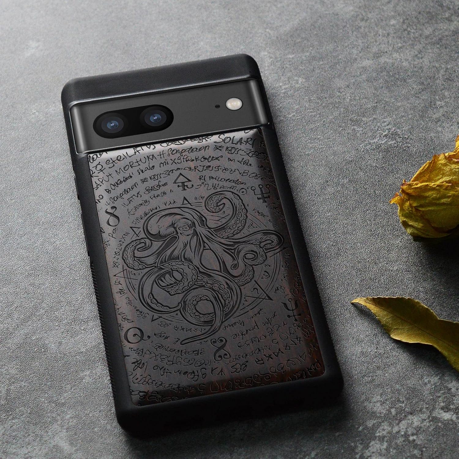 Carveit Wood Case for Pixel 7 Case [Natural Wood & Black Soft TPU] Shockproof Protective Unique & Classy Wooden Cover Compatible with Google Pixel 7 (Octopus-Blackwood)