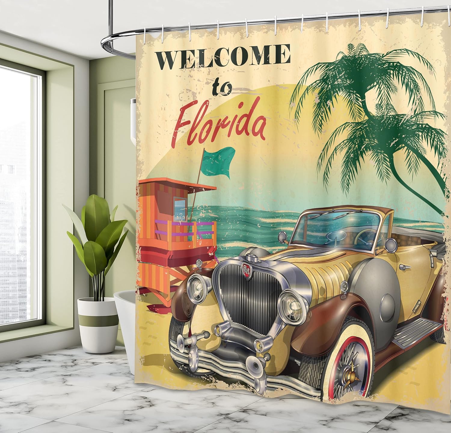 Ambesonne Florida Shower Curtain, Old Beach Picture with Vintage American Car a Visit to Touristic Coastal State, Cloth Fabric Bathroom Decor Set with Hooks, 69" W x 70" L, Beige Multicolor