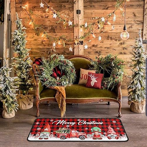Miniatura 9 de Juego de 2 alfombras de cocina a cuadros de búfalo de Navidad con diseño de gnomos de camión rojo de Navidad, decoración de invierno para el hogar,