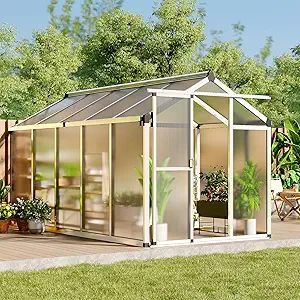 6 x 10 FT Greenhouse, Greenhouses for Outside, Polycarbonate Greenhouse with Aluminum Frame, Lockable Door and Ajustable Roof Vent for Backyard, Green Houses for Outside Garden Backyard, Patio