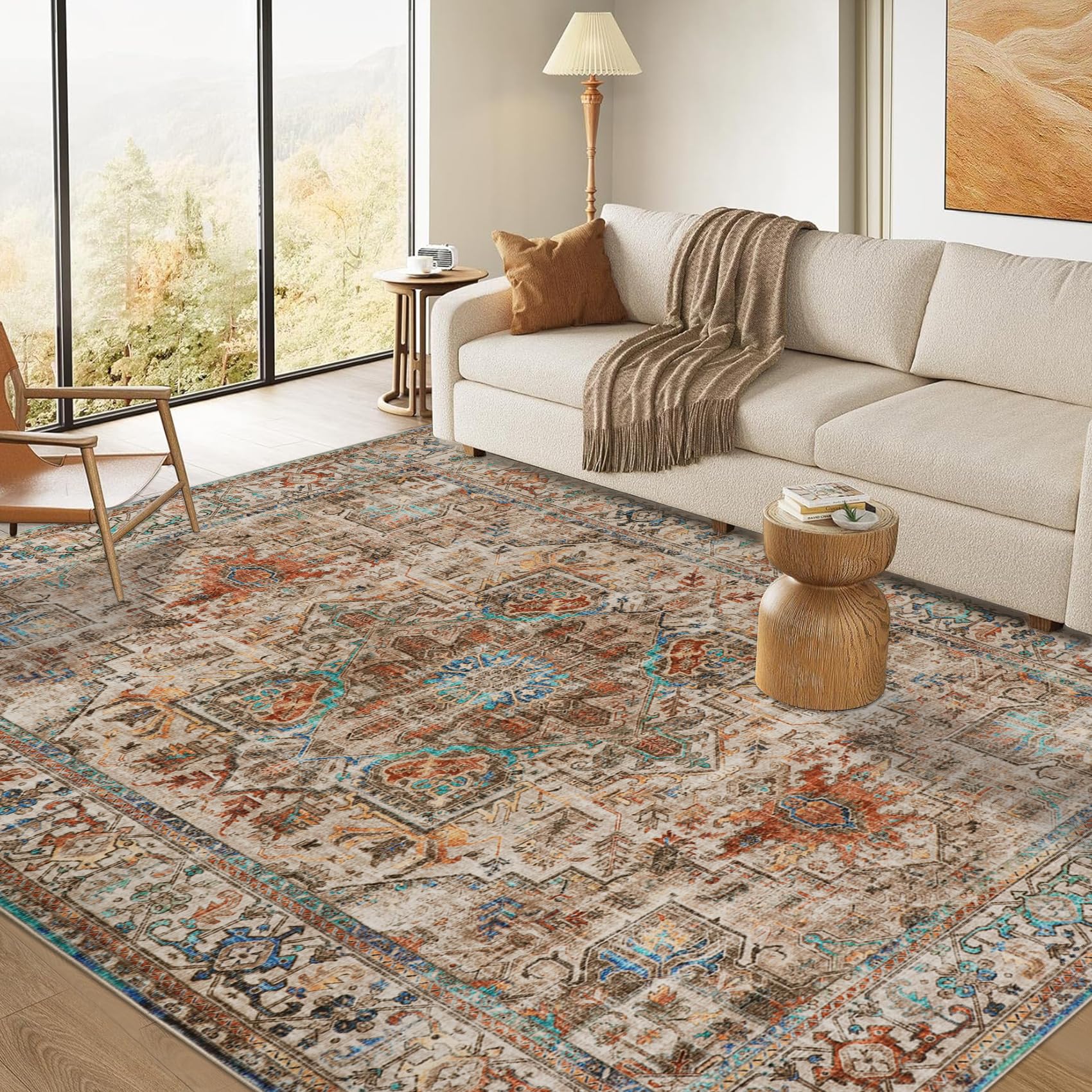 Cekene Teppiche Wohnzimmer 160x230cm Braun Boho Waschbarer Teppiche Schlafzimmer Kurzflor Matte Rutschfester Wohnzimmerteppich Niedriges Profil Matte für Esszimmer Büro Küche Esszimmer