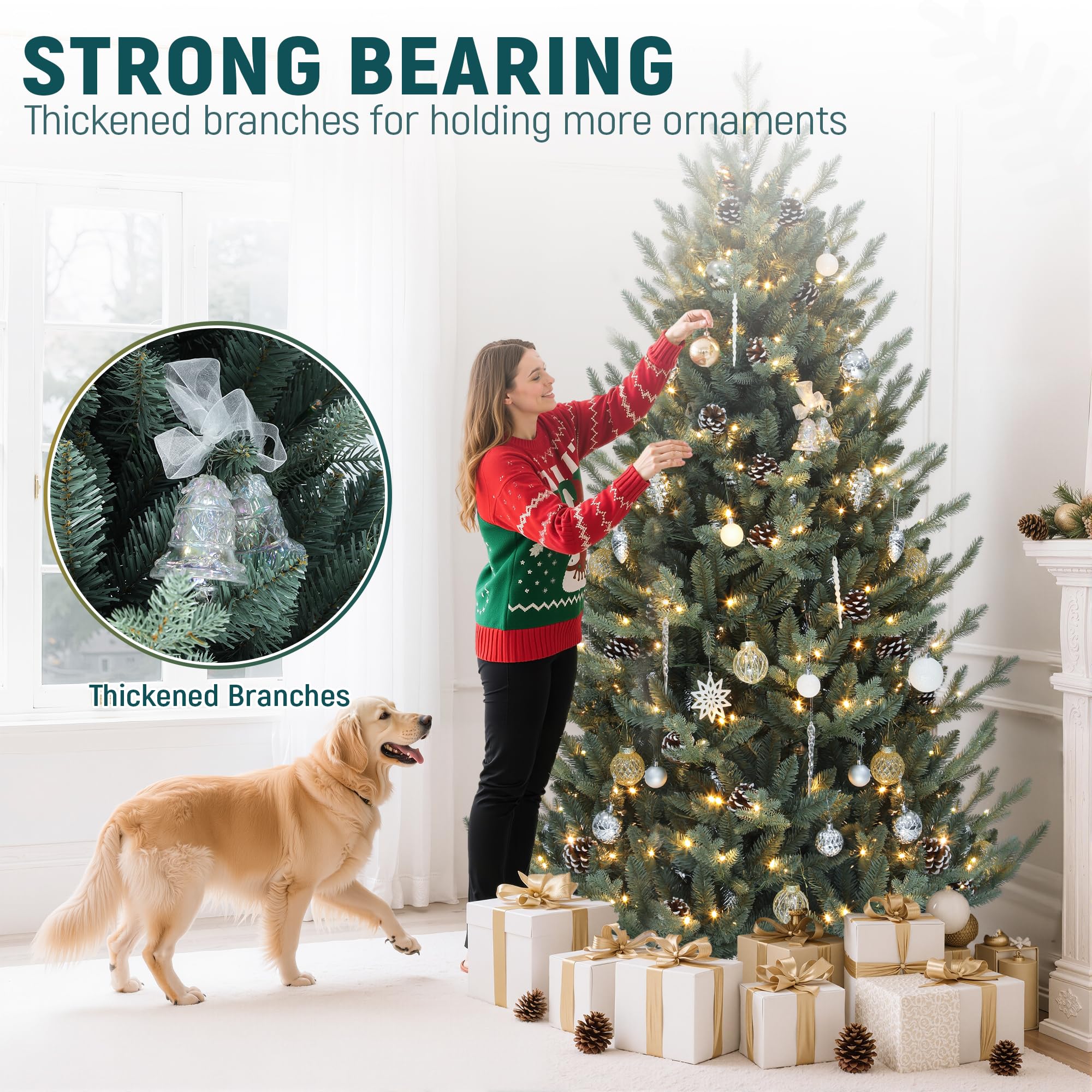 YITAHOME Sapin de Noël Artificiel pré-décoré de 1,8 m avec télécommande, Technologie de charnière, 1176 Pointes Mixtes PE/PVC, 35 Pommes de pin, 300 lumières et 11 Modes d'éclairage