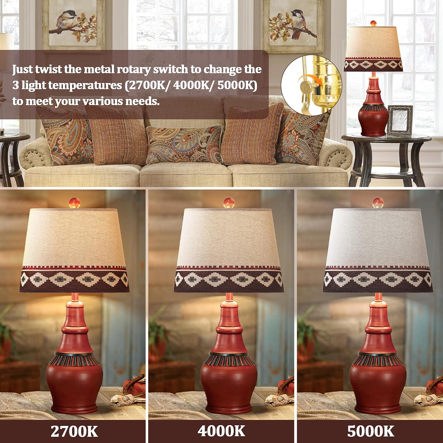 Hamucd Set of 2 Western Rustic Table Lamps for Living Room 3-Color Temperature Dimmable Southwest Farmhouse Bedside Lamps for Bedroom,Cottage Native American Nightstand Lamps with 2 Bulbs Included