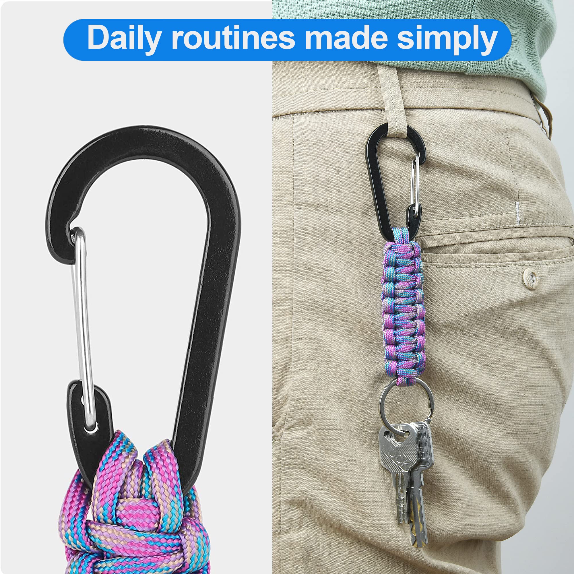 AWSMORE 2 Pieces Paracord Keychain with Carabiner,Lanyard Clip for Keys Water Bottle Holder Backpack(Black + Blue Purple)