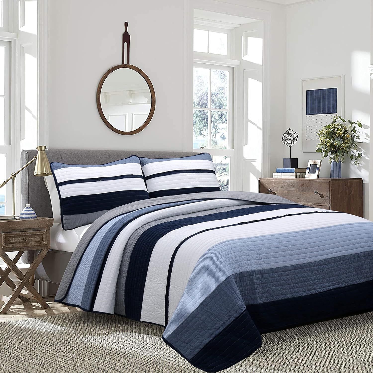 Cozy Line Home Fashions Tranquil Blue Gray Striped 100% Cotton Quilt Bedding Set, Reversible Coverlet, Bedspread (Rendon, Queen - 3 Piece)
