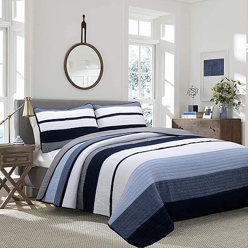 Cozy Line Home Fashions Tranquil - Juego de ropa de cama reversible de 100% algodón a rayas, color azul y gris, para todas las estaciones (Rendon,