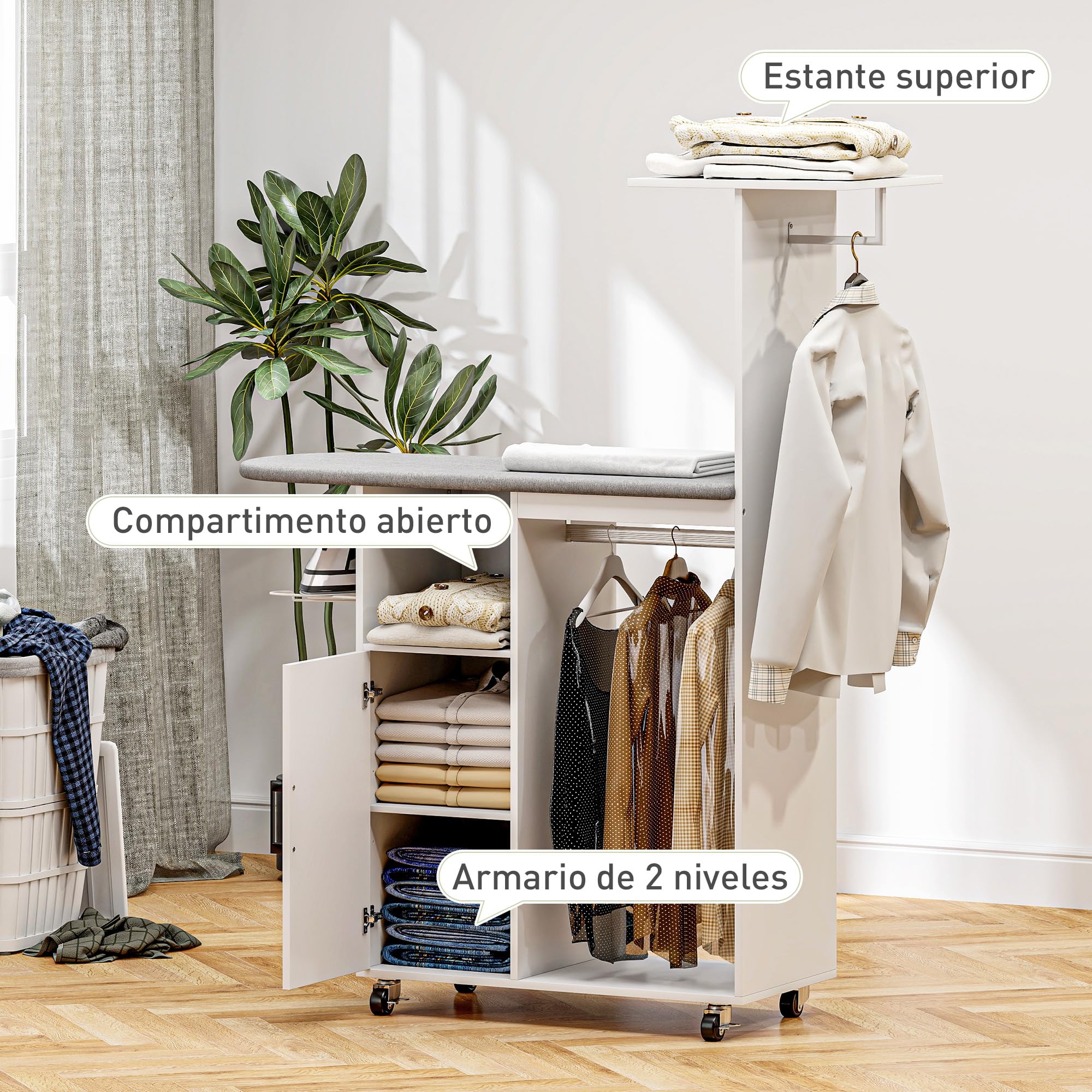 HOMCOM Mueble de Planchar Ruedas Soporte Lateral 127,5x43,5x153 cm Blanco | Mueble de Planchado, Tabla de Planchar, Barra para Ropa, Estante Ajustable