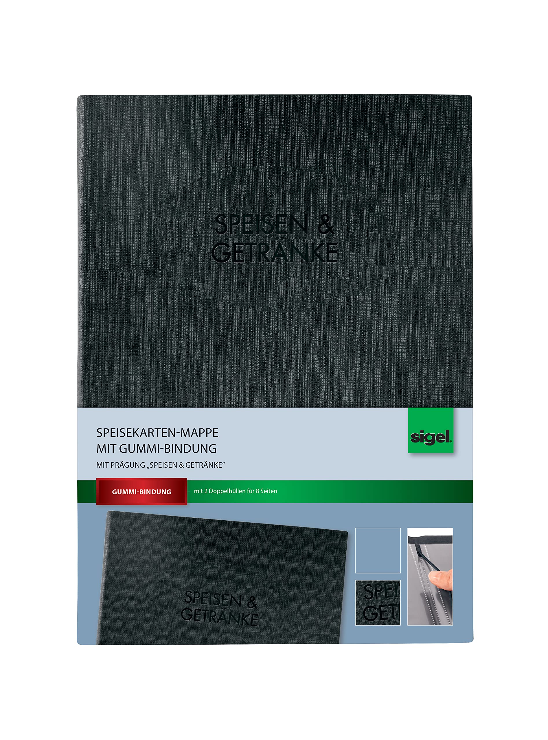 Sigel SM116 Menu Folder with Elastic Band for A5 Plastic Black - German "Speisen & Getränke"