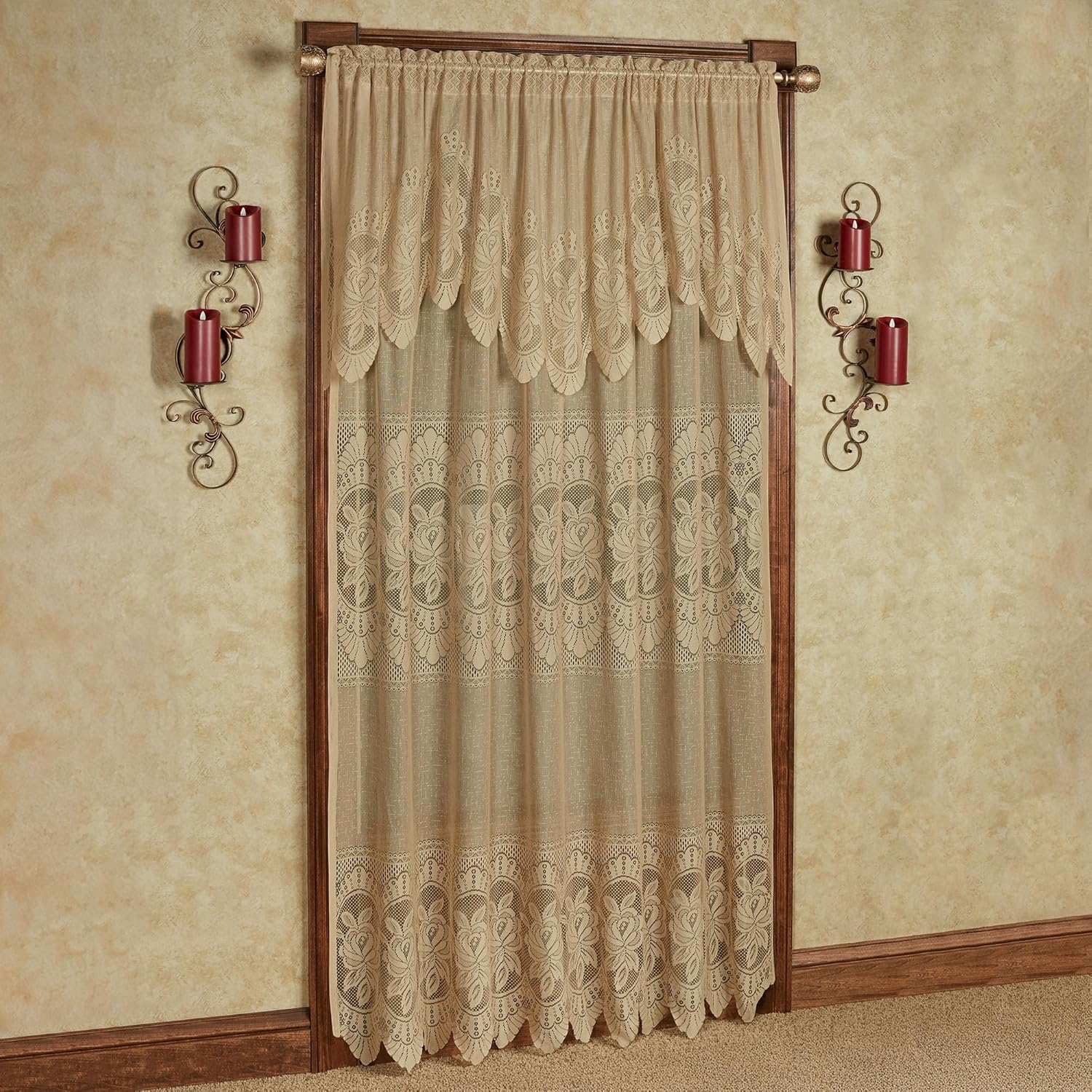 Adelina Floral Lace Window Treatment | Vintage Antique Gold | Garden Cottage Rose Cameo Designs with Scalloped Edges | Rod Pocket Drapery | Easy-Style 84L All-In-One Panel with Attached 28L Valance