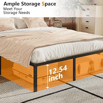 VINGLI 14 Inch Full Bed Frame, Heavy Duty Metal Platform, No Box Spring Needed, Steel Slat Support, Easy Assembly, Noise-Free, 12 inch Underbed Storage Space, Black