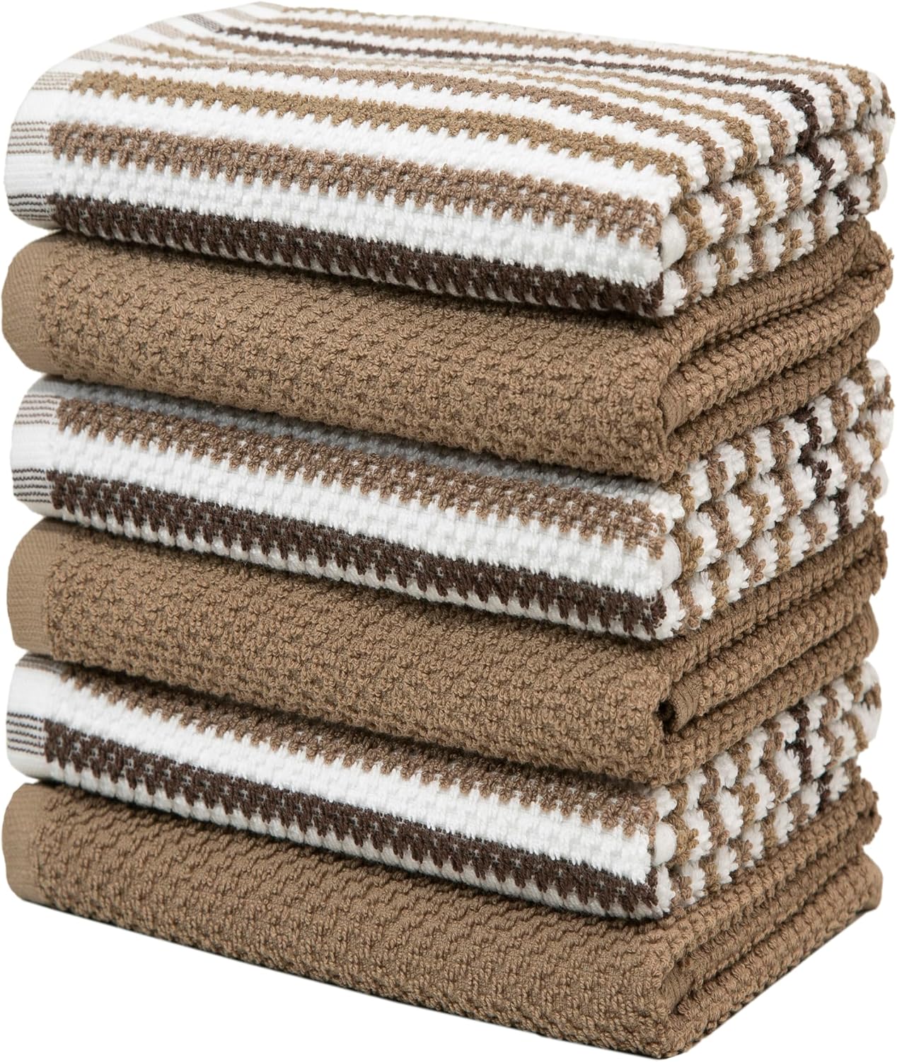 Premium Kitchen Towels (16”x 26”, 6 Pack) | Large Cotton Kitchen Hand Towels | Popcorn Striped Design | Dish Towels | 430 GSM Highly Absorbent Tea Towels Set with Hanging Loop | Tan - Image 5