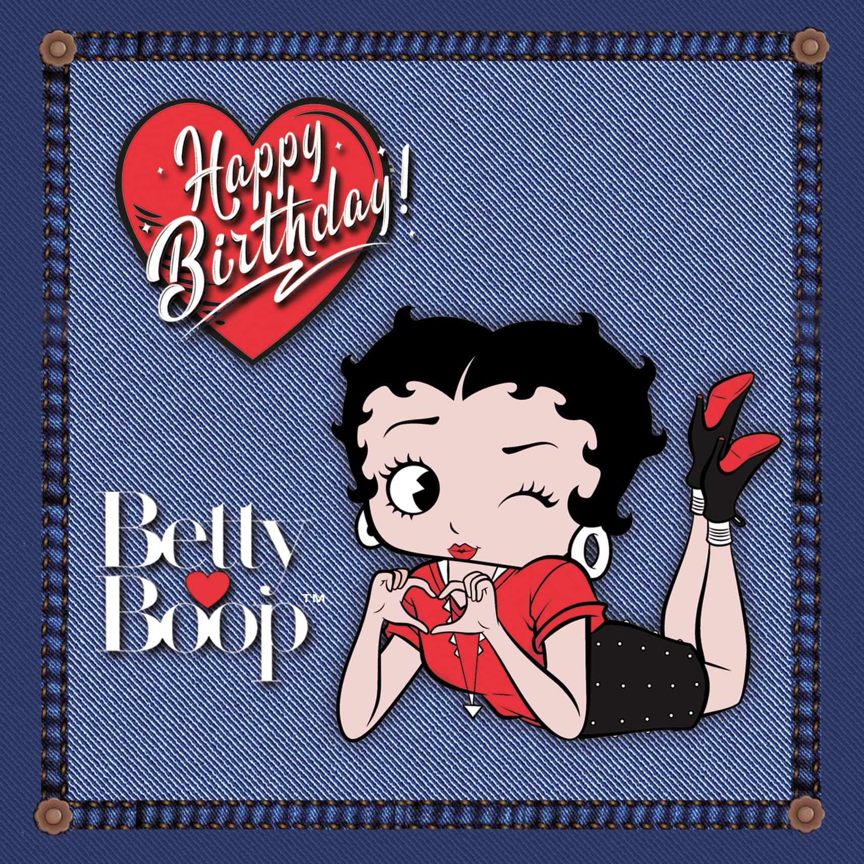 IETSCPMD19007 Happy BIRTHDAY BETTY BOOP™ Card Officially Licensed – Red Hearts Jeans for Girls and Women – With White Envelope Size 15 x 15 cm – White Interior – Made in France
