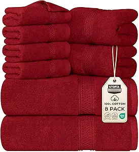 Utopia Towels 8 Piece Premium Towel Set, 2 Bath, 2 Hand, and 4 Wash Cloths, 600 GSM 100% Ring Spun Cotton, Highly Absorbent Towels for Bathroom, Gym, Hotel, and Spa, Red