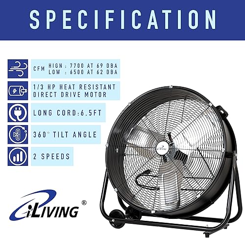 Miniatura 5 de iLIVING Ventilador de tambor de alta velocidad de 24 pulgadas, industrial, comercial, circulador de aire residencial para garaje, tienda, patio,