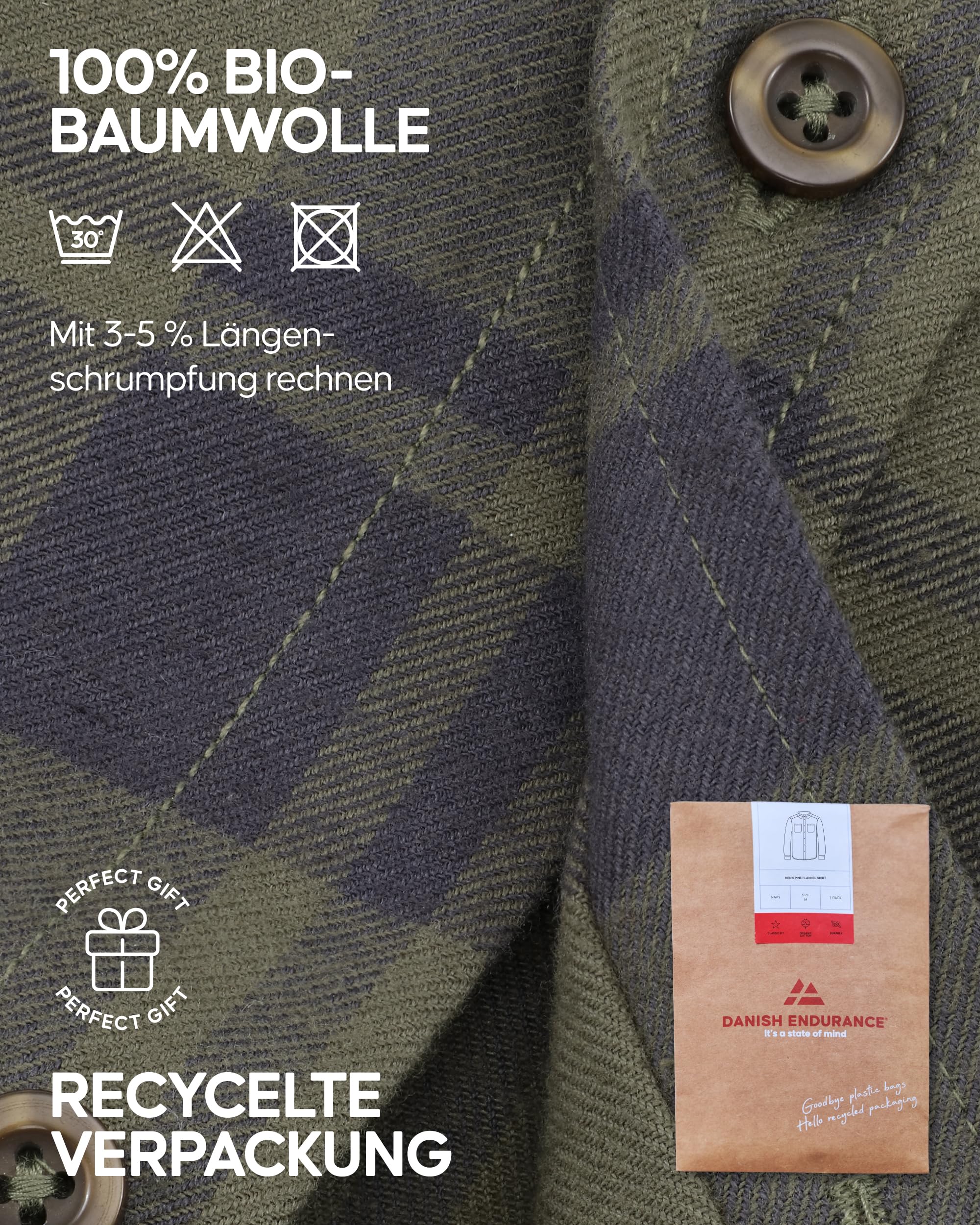 DANISH ENDURANCE Flanellhemd Herren, Bio-Baumwolle | Holzfällerhemd aus Bio-Baumwolle, Arbeitshemd, Weich & Robust, Lockere Passform, für Freizeit, Wandern & Arbeit
