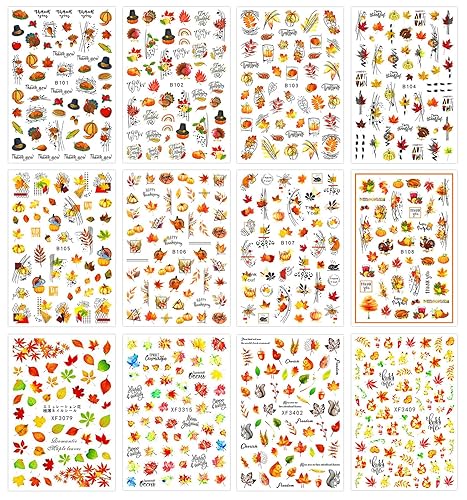 Miniatura 2 de JMEOWIO 12 hojas de calcomanías de arte de uñas de otoño y otoño, pegatinas autoadhesivas para uñas, calabaza, hoja de arce, Acción de Gracias,