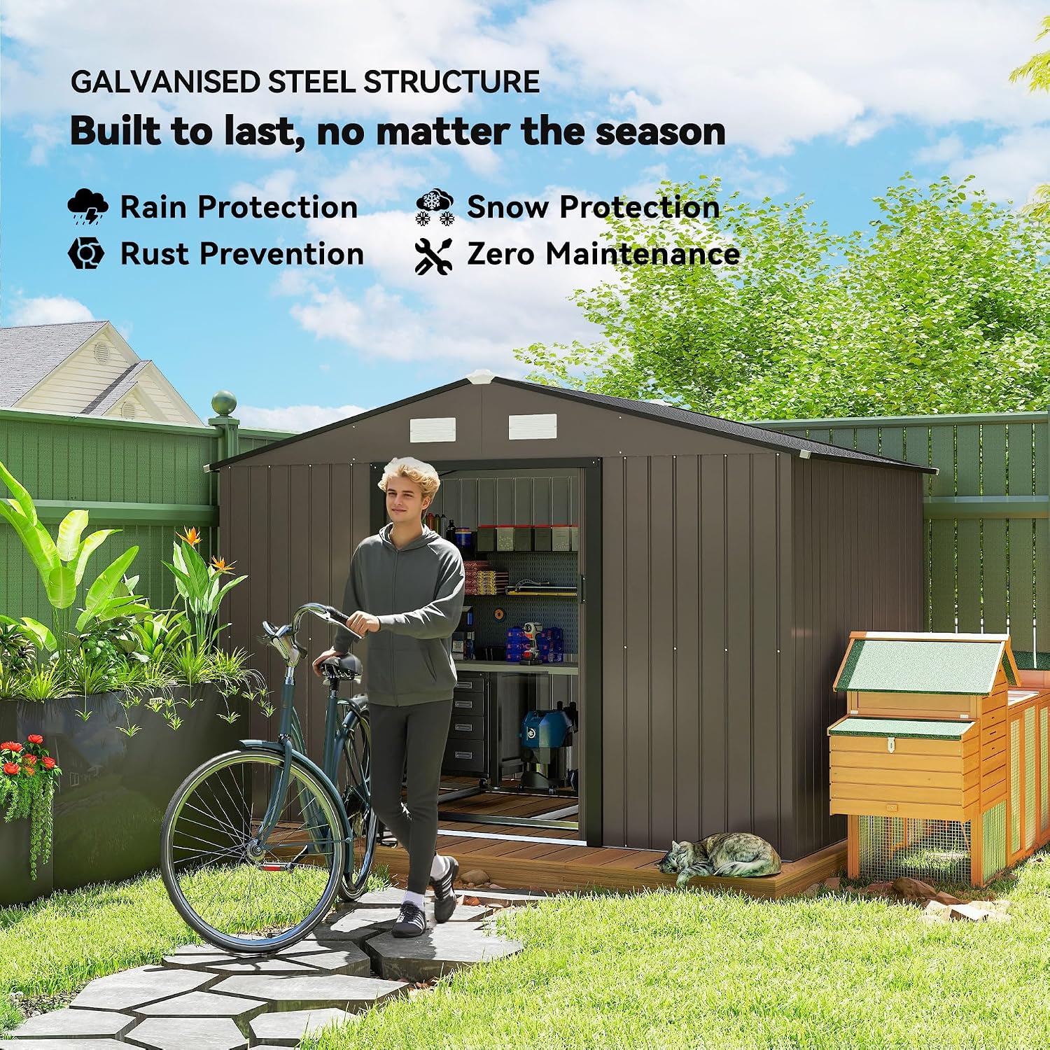 Garden Storage Shed for Tools and Equipment with Galvanized Steel Frame and Sloped Roof
