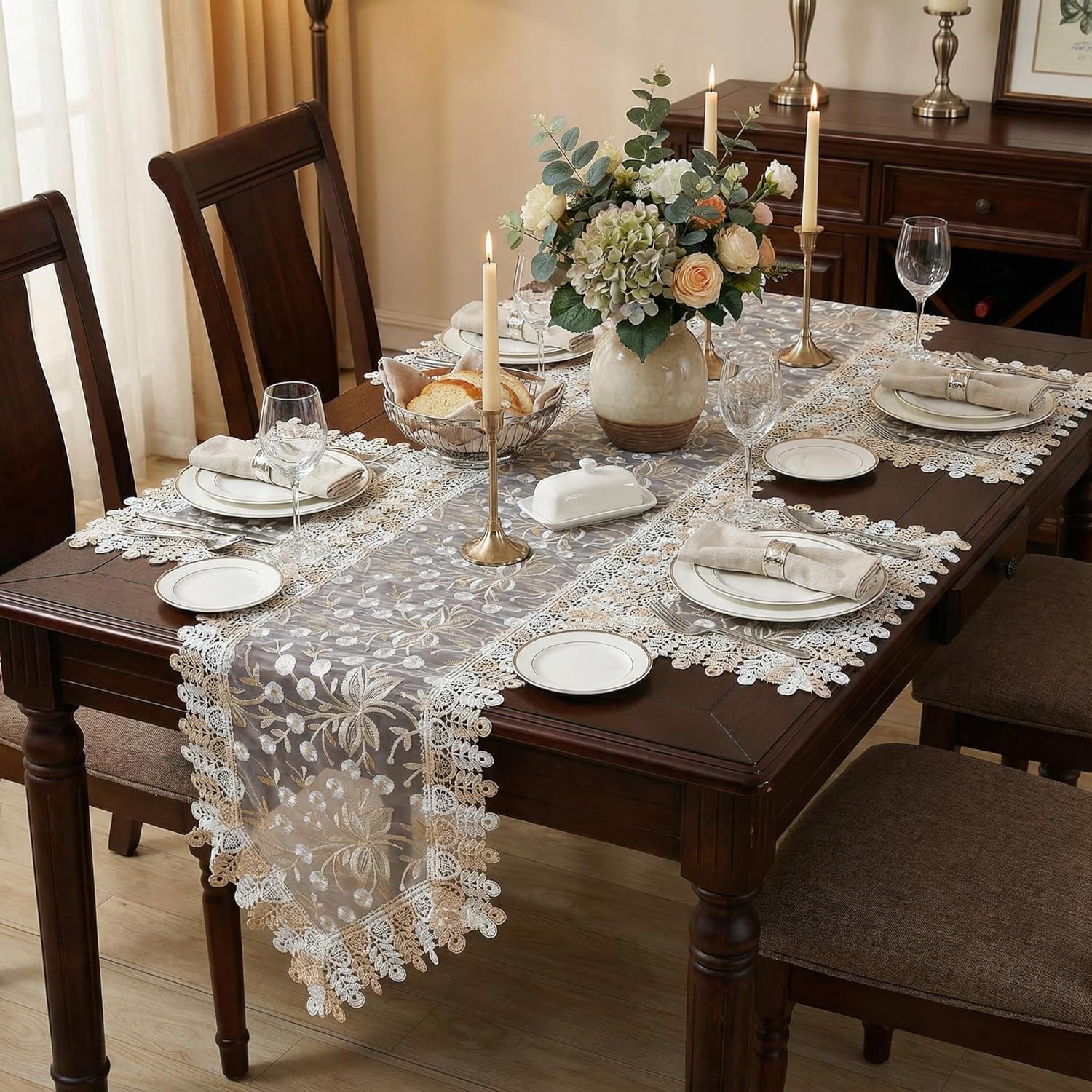 Lace Table Runner Floral Embroidery Fabric Rustic Table Runners Elegant Chic Table Transparent Cover for Home Dining Room Tabletop Decor Wedding Party Dresser (Champagne&White, 16 x 87 Inch)