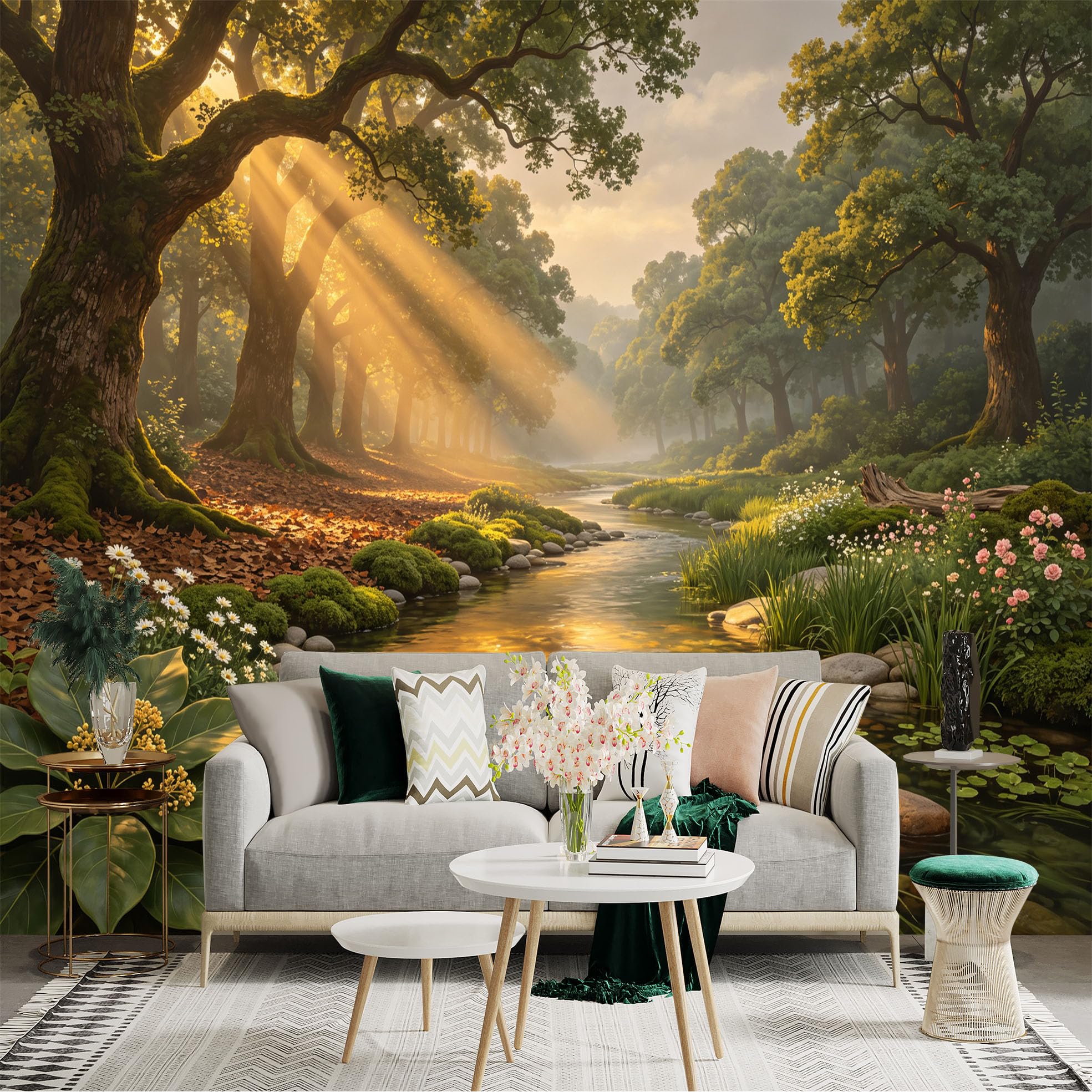 Lnzczhyre Bh260719467 Custom Size Wall Sticker Mural， Enchanted Forest Stream， Sunlit Woodland Landscape， Peaceful Nature Scenery， For Wall Decoration， Peelandstick Wall Decals.