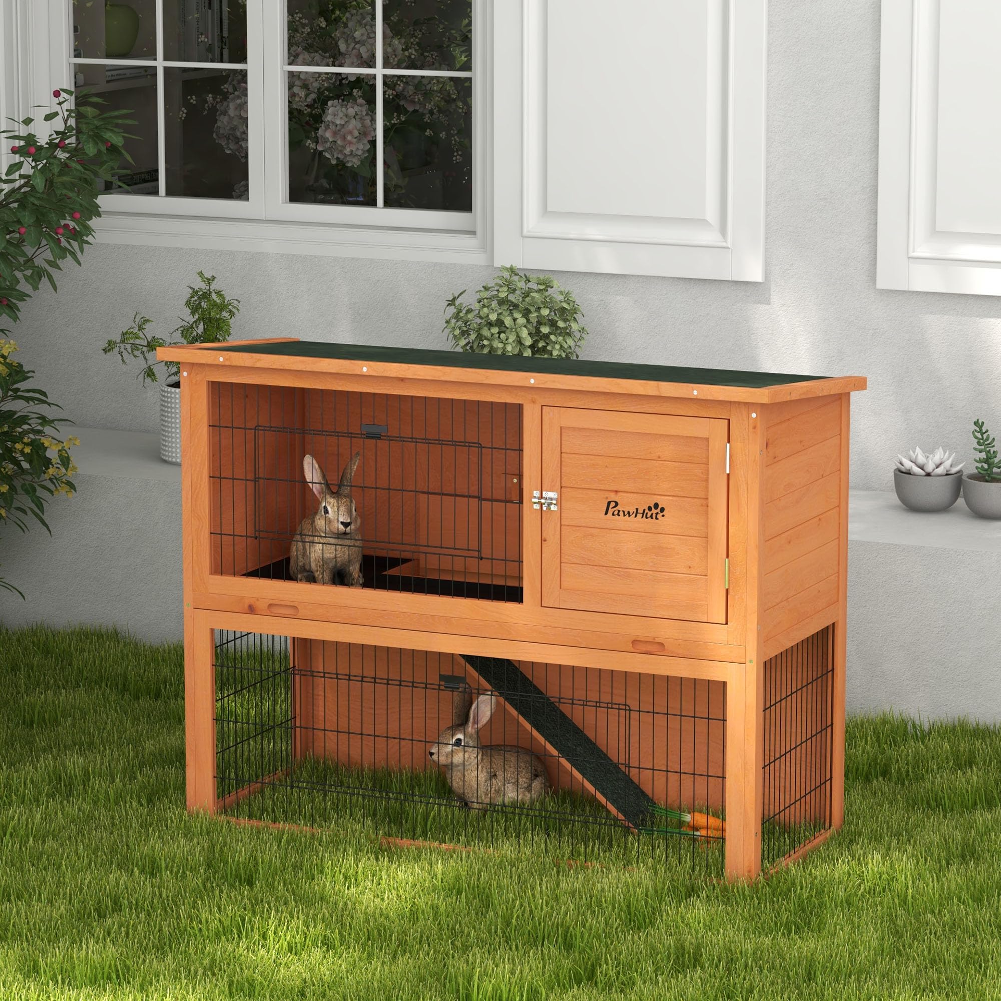 PawHut Clapier à Lapin Cage à Lapin 2 étages avec 3 Portes verrouillables Plateau Coulissant Rampe et Toit bitumé Bois Massif, 120 x 50 x 92 cm, Orange
