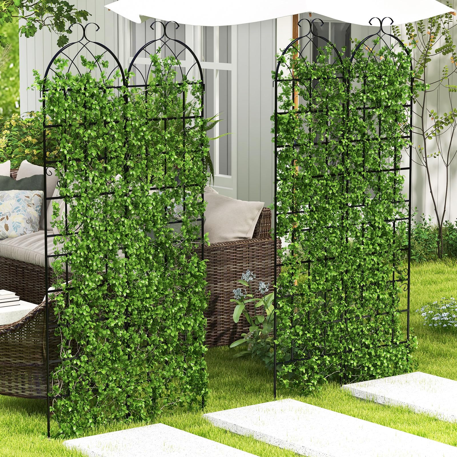 GOPLUS Rankgitter Metall 220cm hoch, 2er Set Rankhilfe, Rosenspalier mit Ranknetz, dekorativer Rosengitter, freistehende Gartenzaun Pflanzengitter für Kletterpflanzen, Blumen, zum Stecken, 220 x 50 cm
