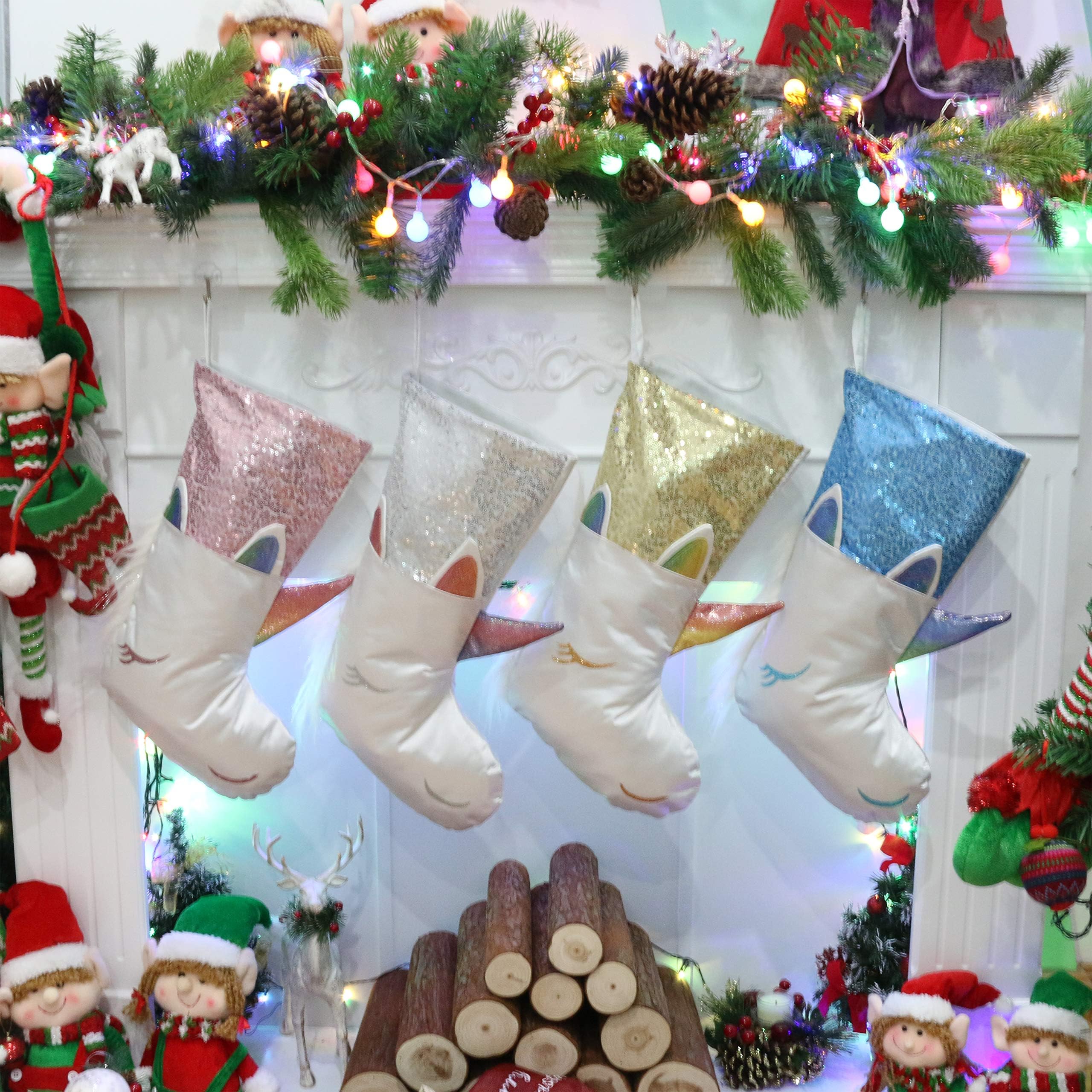 Athoinsu 4 PCS Sparkle Christmas Stockings Unicorn Face with Glittering Sequins Xmas Holiday Party Supplies Gifts for Kids Girls Family, 20''