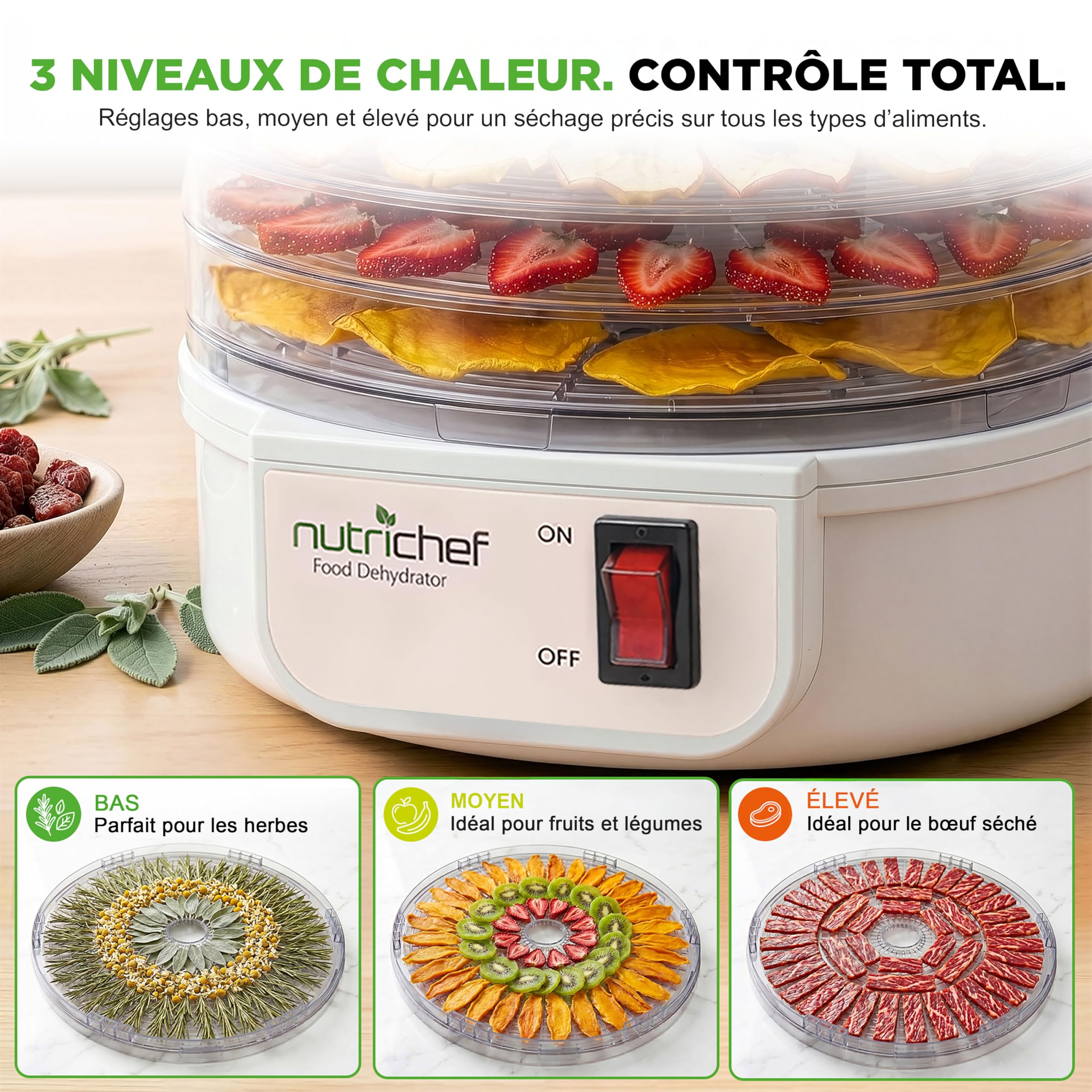 Nutrichef Déshydrateur Alimentaire 5 Niveaux – Séchoir Électrique pour Fruits Légumes et Viande – Température Réglable et Séchage Uniforme pour Snacks Maison et Conservation