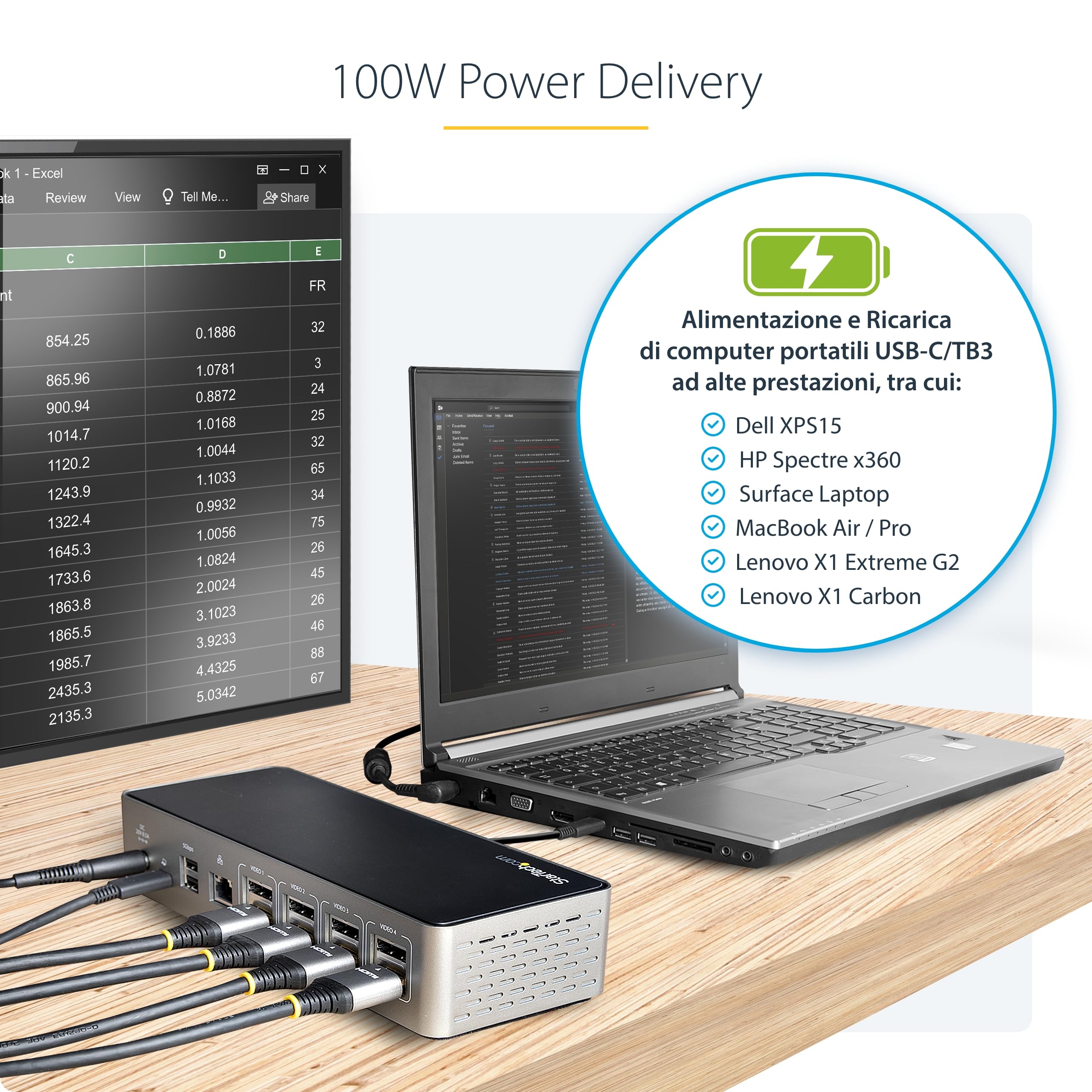 StarTech Docking Station USB-C Quad Monitor 4K 60Hz, 100W PD, GbE, Audio | Quad Monitor 4K, Compatibile Thunderbolt, Hub USB 3.0, 1x USB-C e 3x USB-A, Ethernet