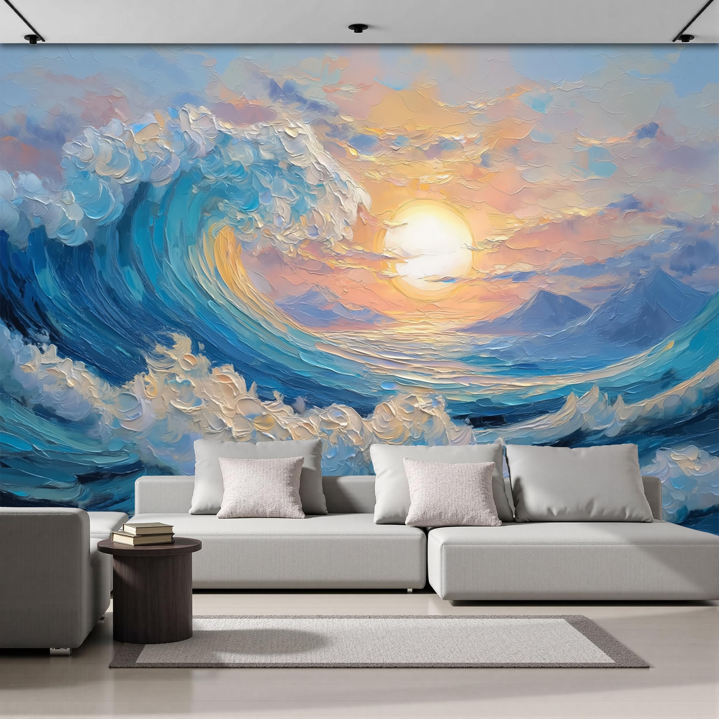 Papier Peint Panoramique 3D Vagues Bleu Foncé pour Décoration Restaurant